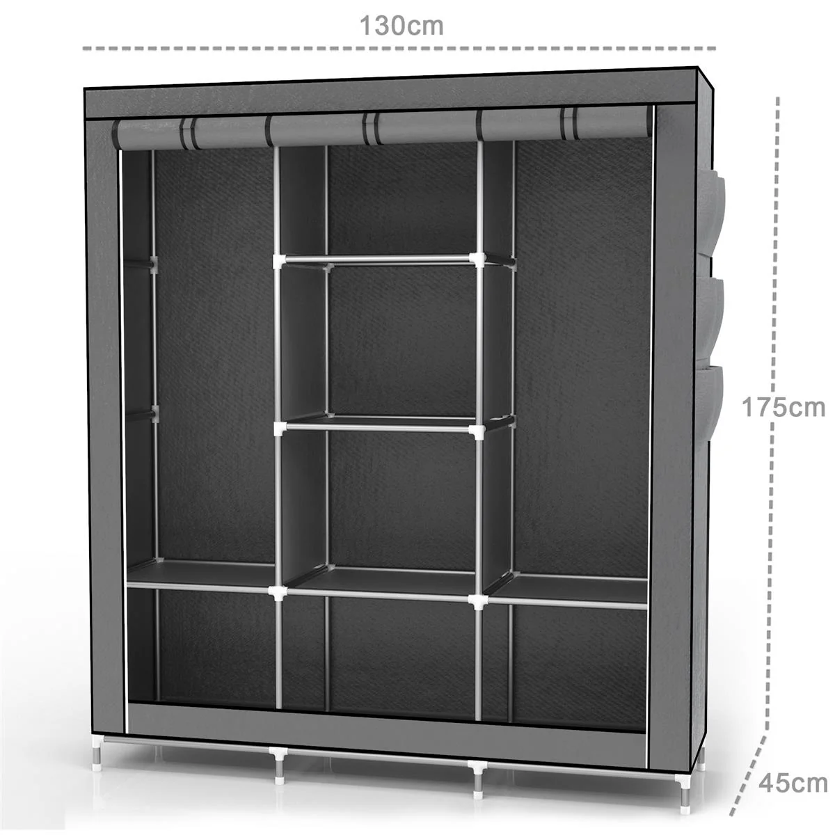 Faltschrank 130x175x45 cm Kleiderschrank aus Stoff mit Reißverschluss Kleiderstange - Image 3