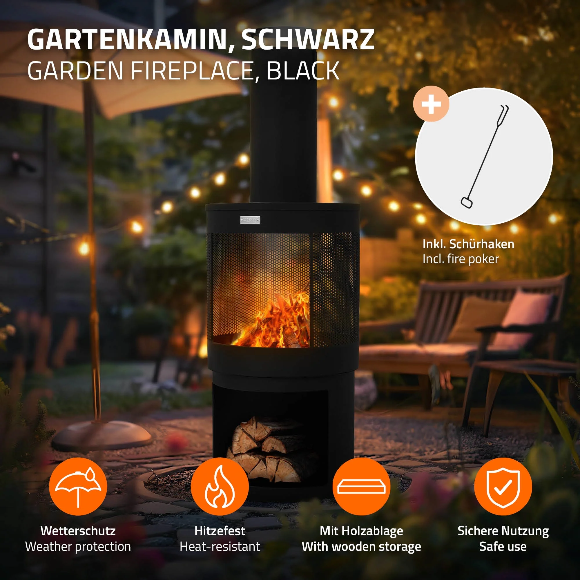 Gartenkamin mit Schornstein, 131x45 cm, Schwarz, aus Stahl, Outdoor, inkl. Schürhaken & Holzablage - Image 2