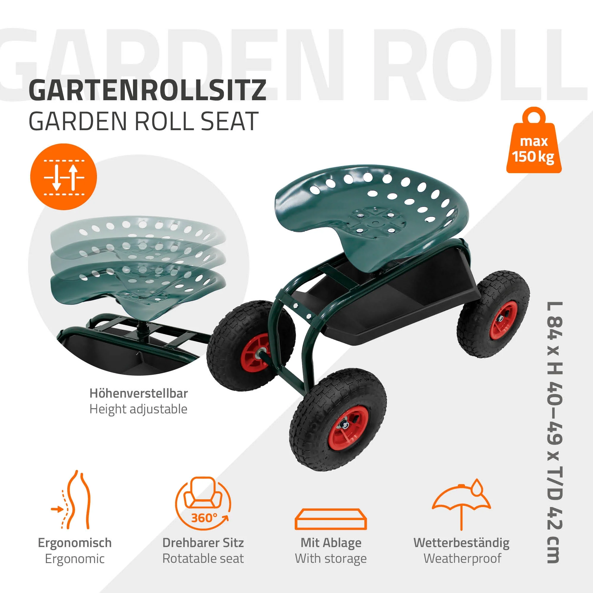 Gartenrollsitz Grün, aus Stahl, 360° drehbar und höhenverstellbar, bis 150 kg - Image 3