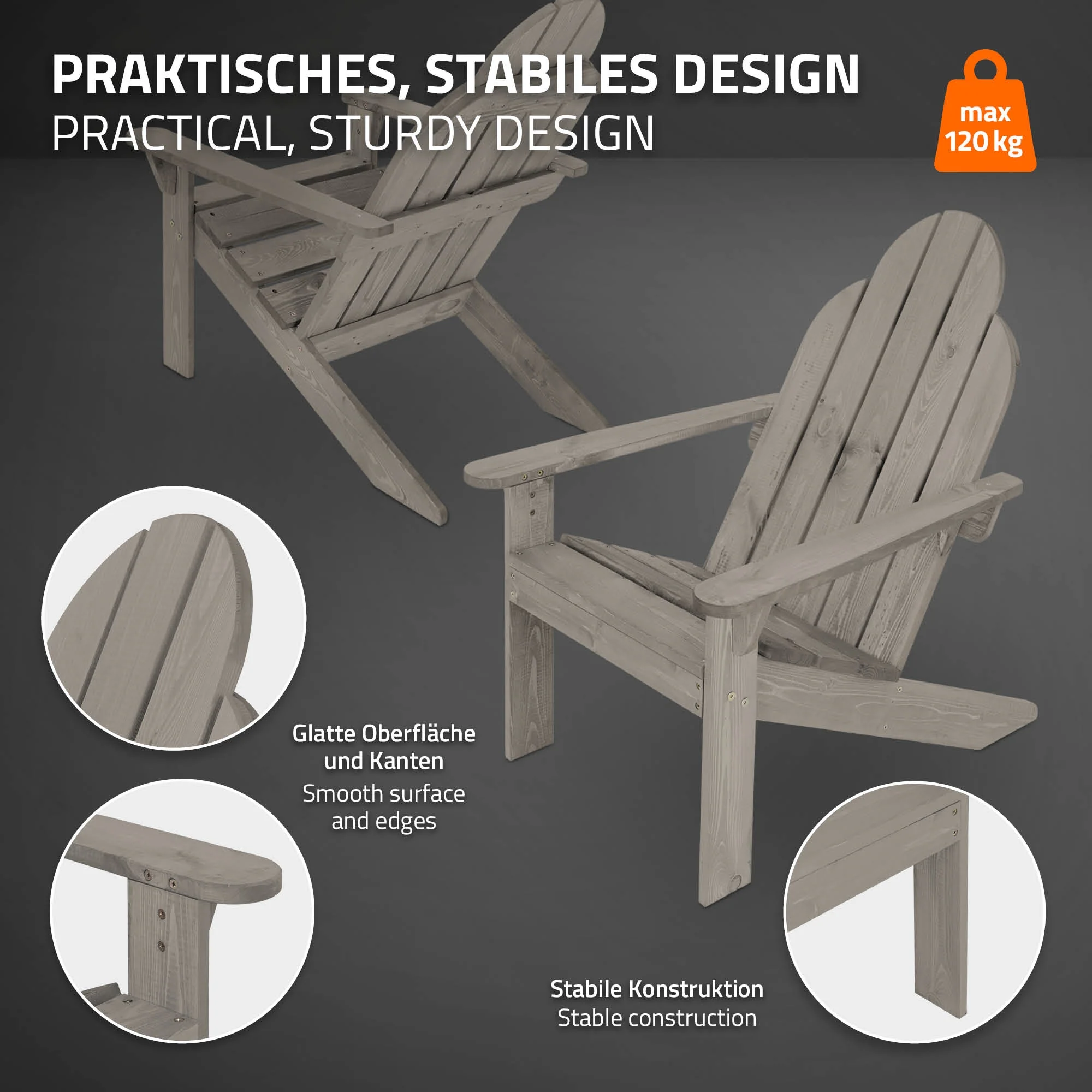 Gartenstuhl Adirondack Grau 92.5x70x89 cm aus Massivholz - Image 3