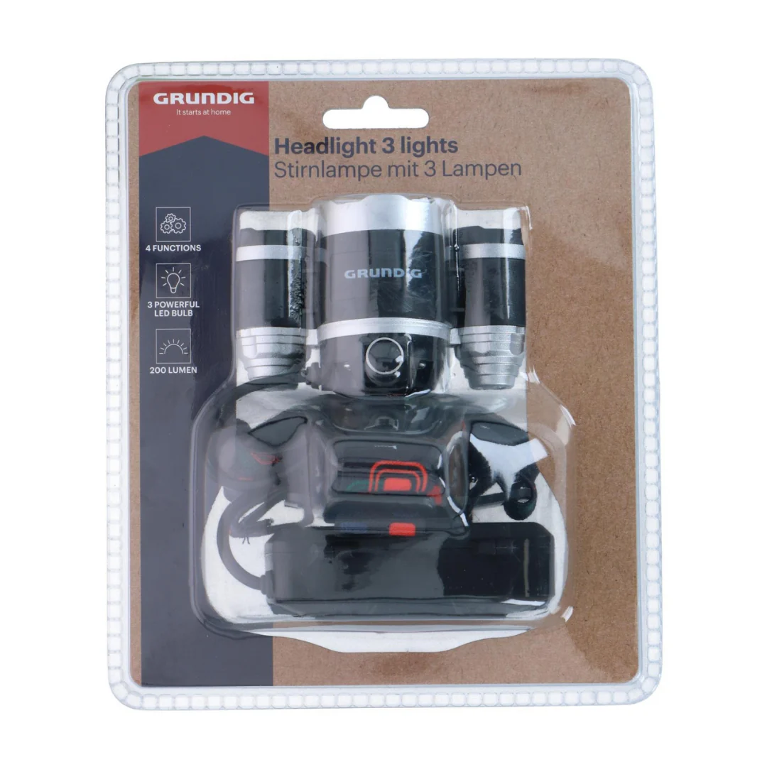 GRUNDIG Stirnlampe LED 3 Leuchten Kopflampe Wiederaufladbar Wasserdicht Camping