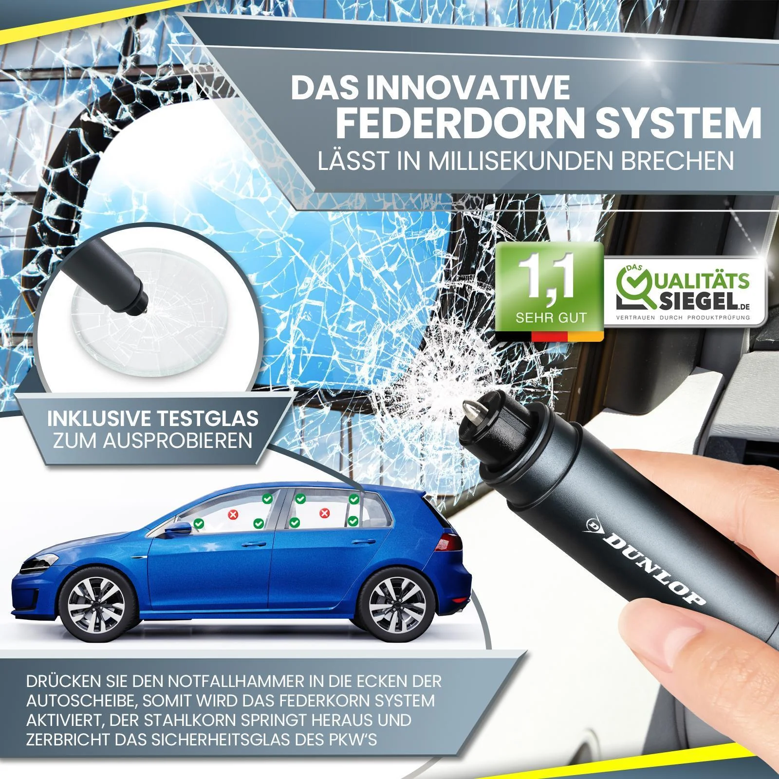 Gurtschneider Notfallhammer Gurtmesser Autohammer mit Testglas Notfall DUNLOP - Image 5
