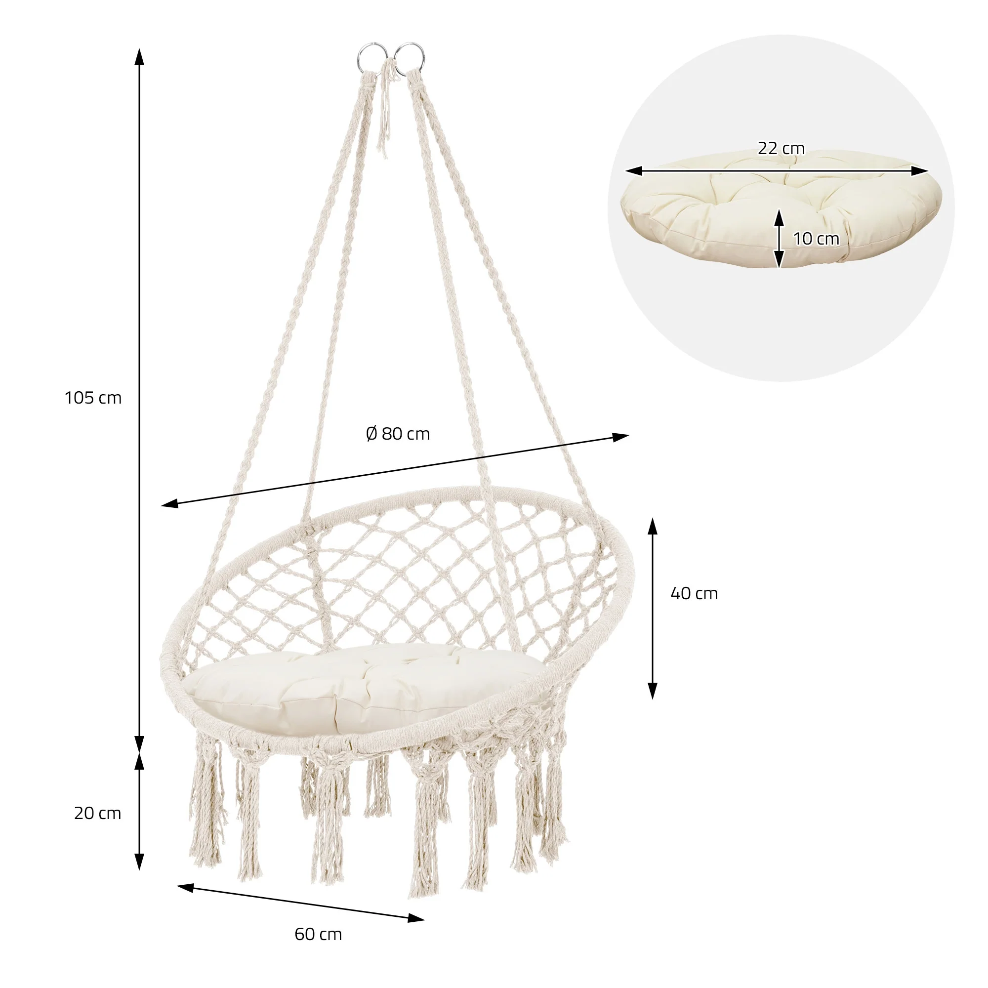 Hängesessel mit Gestell & 2 Kissen, aus Baumwolle, bis 120kg, Outdoor/Indoor, Hartholz Querstab - Image 8