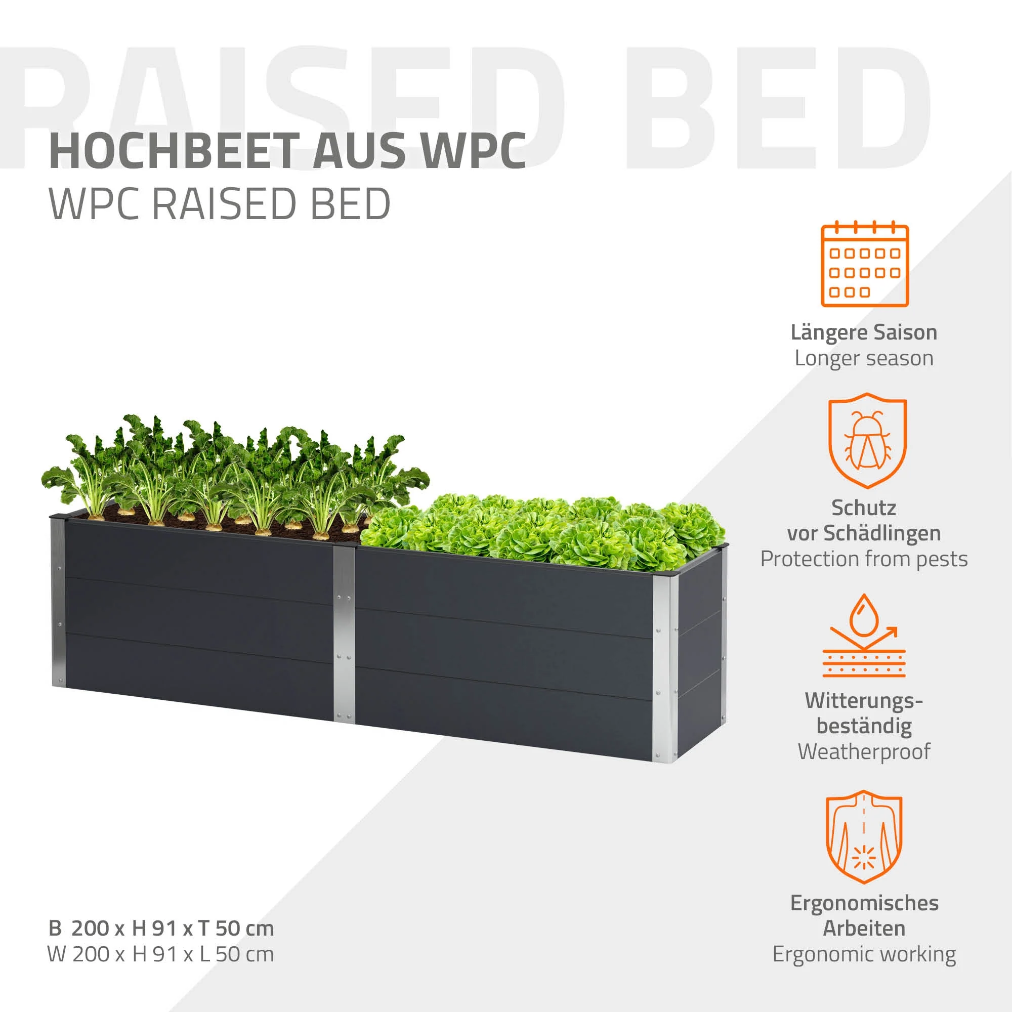 Hochbeet 200x50x91 cm Anthrazit aus WPC ML-Design - Image 2
