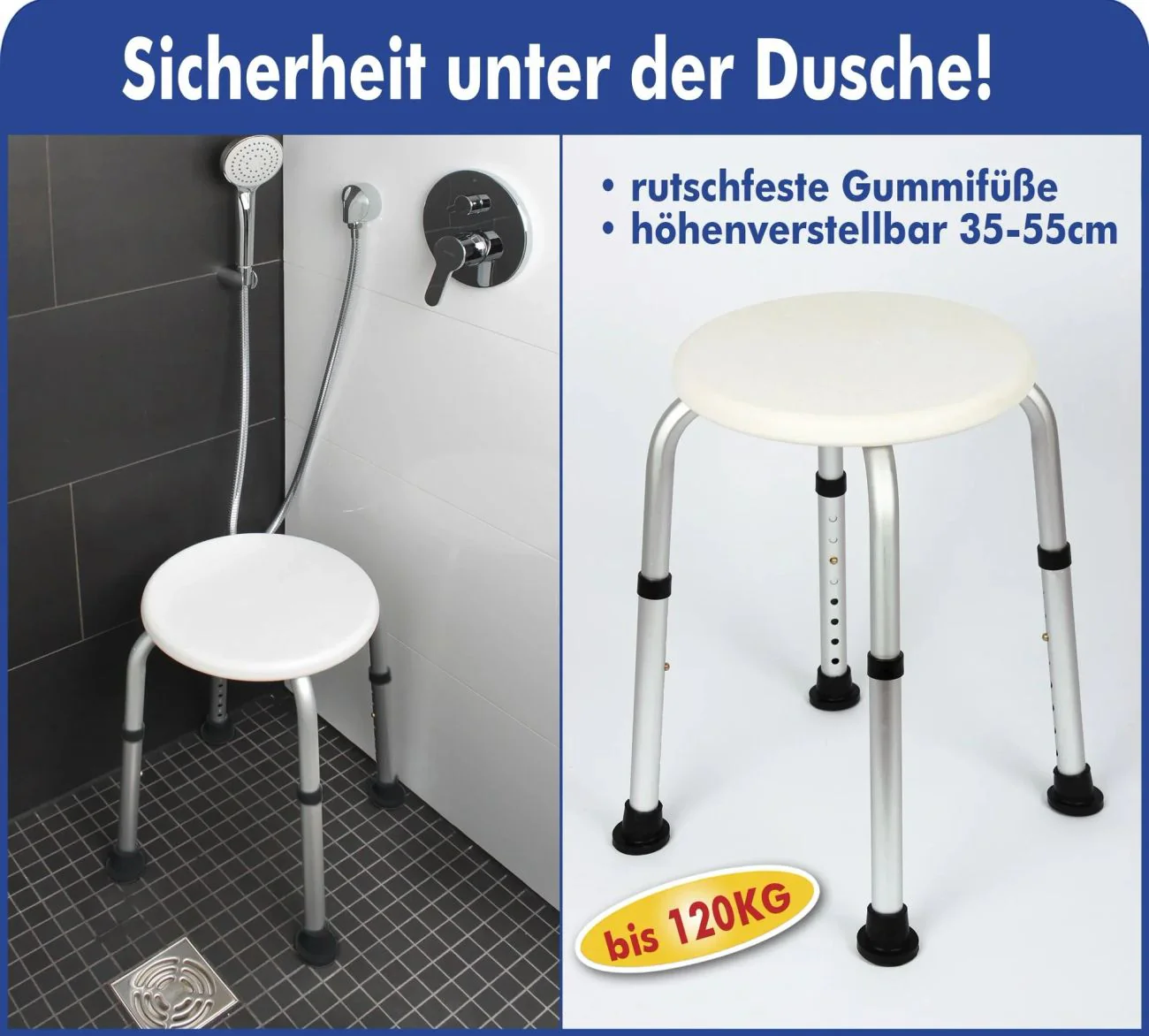 Höhenverstellbarer Duschhocker in Weiß/Silber – Sicher & rutschfest - Image 3