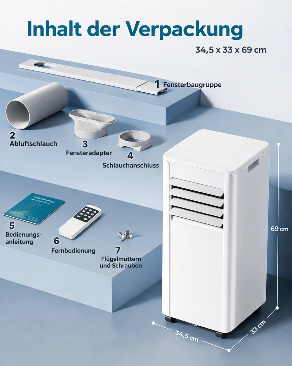 JUNG AIR TV03 mobiles Klimagerät mit Fernbedienung, 2KW-7000BTU, Klimaanlage mobil - Image 6