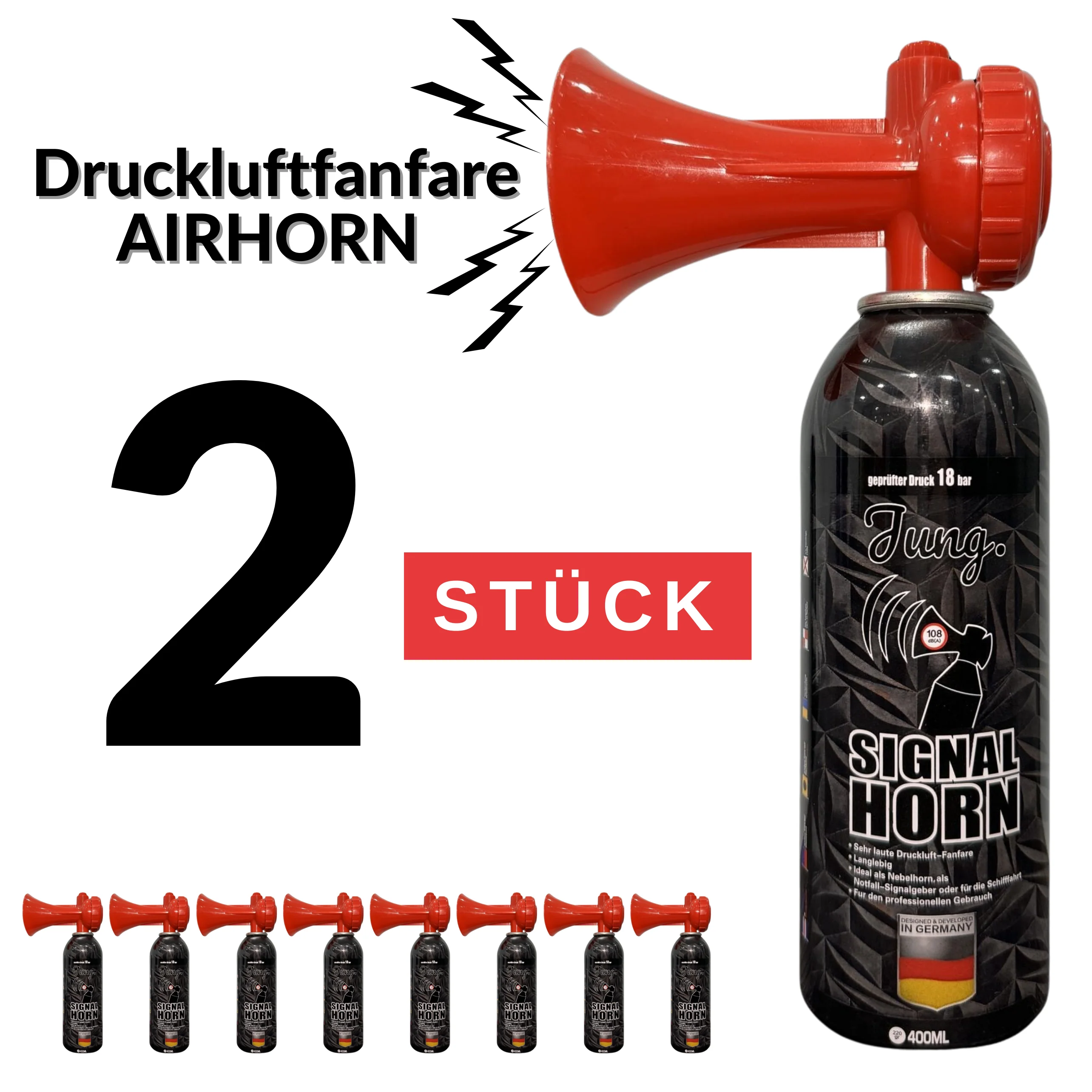 JUNG Druckluftfanfare Air Horn Profi Qualität 2 x 400 ml Fan Tröte Fanfare Hupe - Image 2