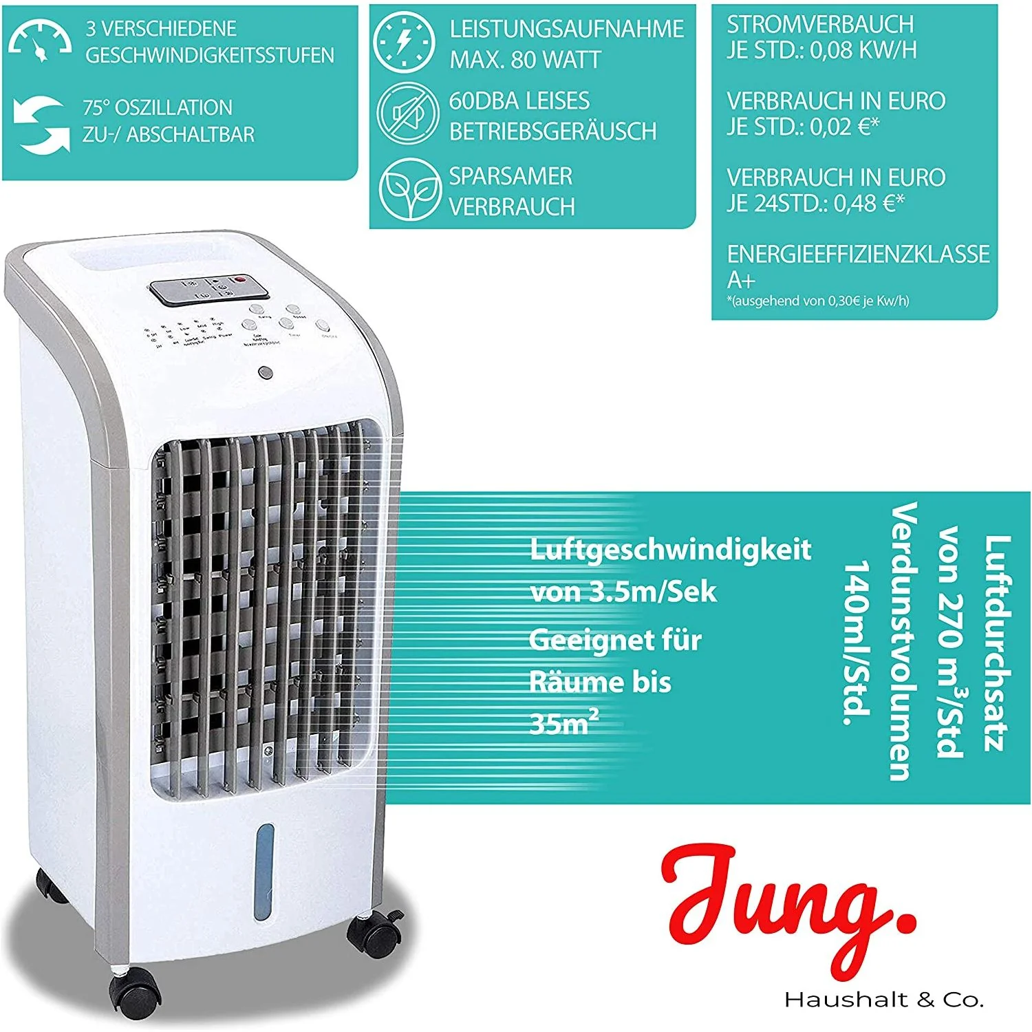 JUNG TVE25 mobiles Klimagerät mit Wasserkühlung mit Fernbedienung, Ventilator Klimaanlage Mobil - Image 3