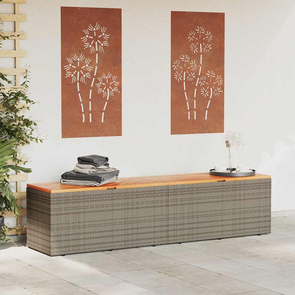 JUNG Vida Gartentruhe Grau Poly Rattan Akazienholz 220x50x54 cm Garten Balkon Terrasse - Image 3