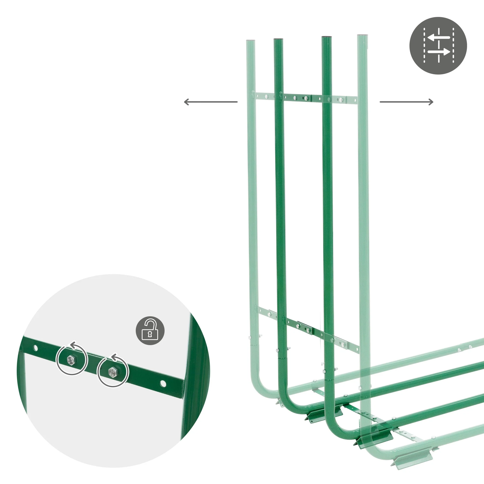 Kaminholzregal größenverstellbar 150-220 cm Länge 20-30 cm Breite Grün aus Metall - Image 5