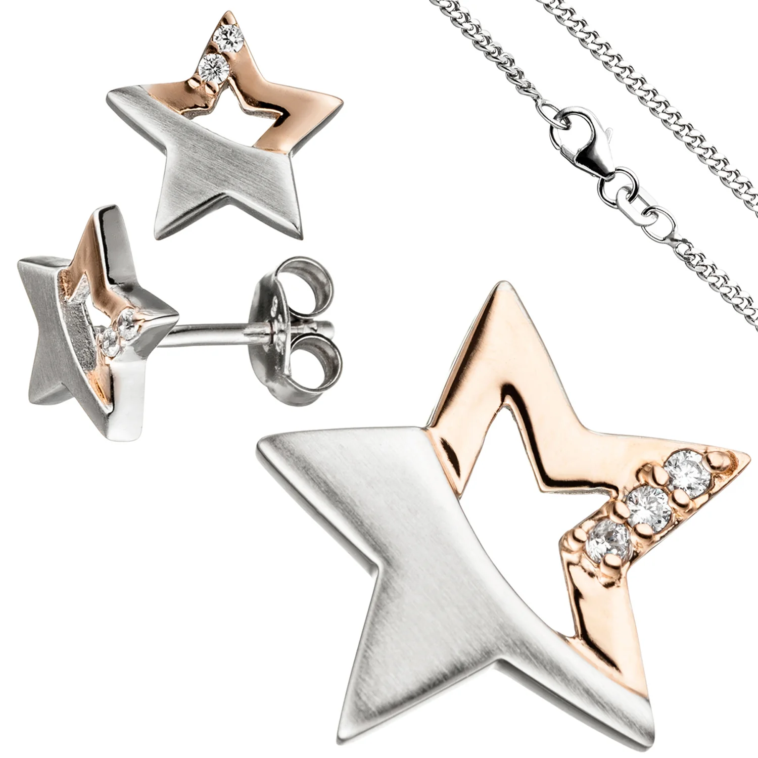 Kinder Schmuck-Set Stern 925 Silber rosegold vergoldet Zirkonia mit Kette 38 cm - Image 2
