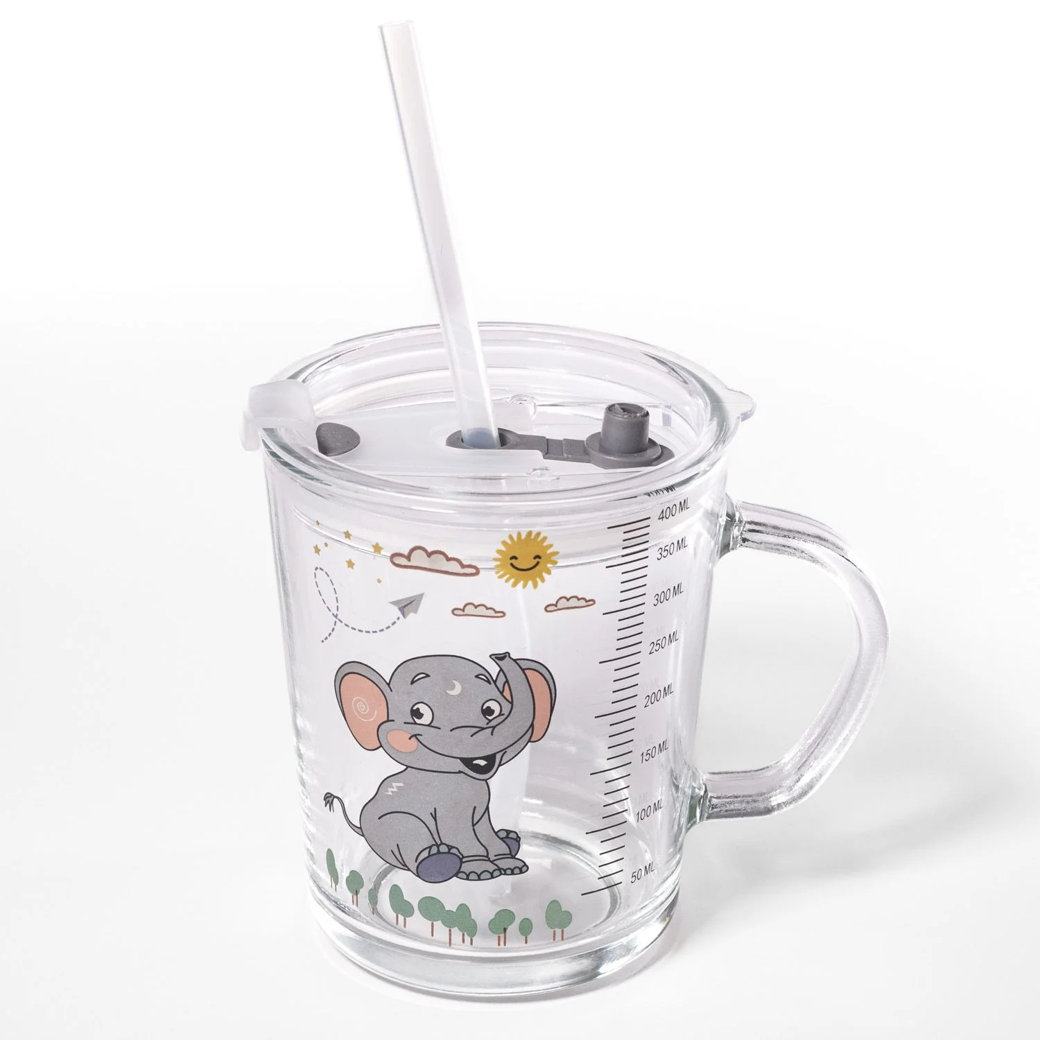 Kinder Trinkbecher mit Deckel, Skala und Strohhalm 400 ml Trinkglas Kinderbecher