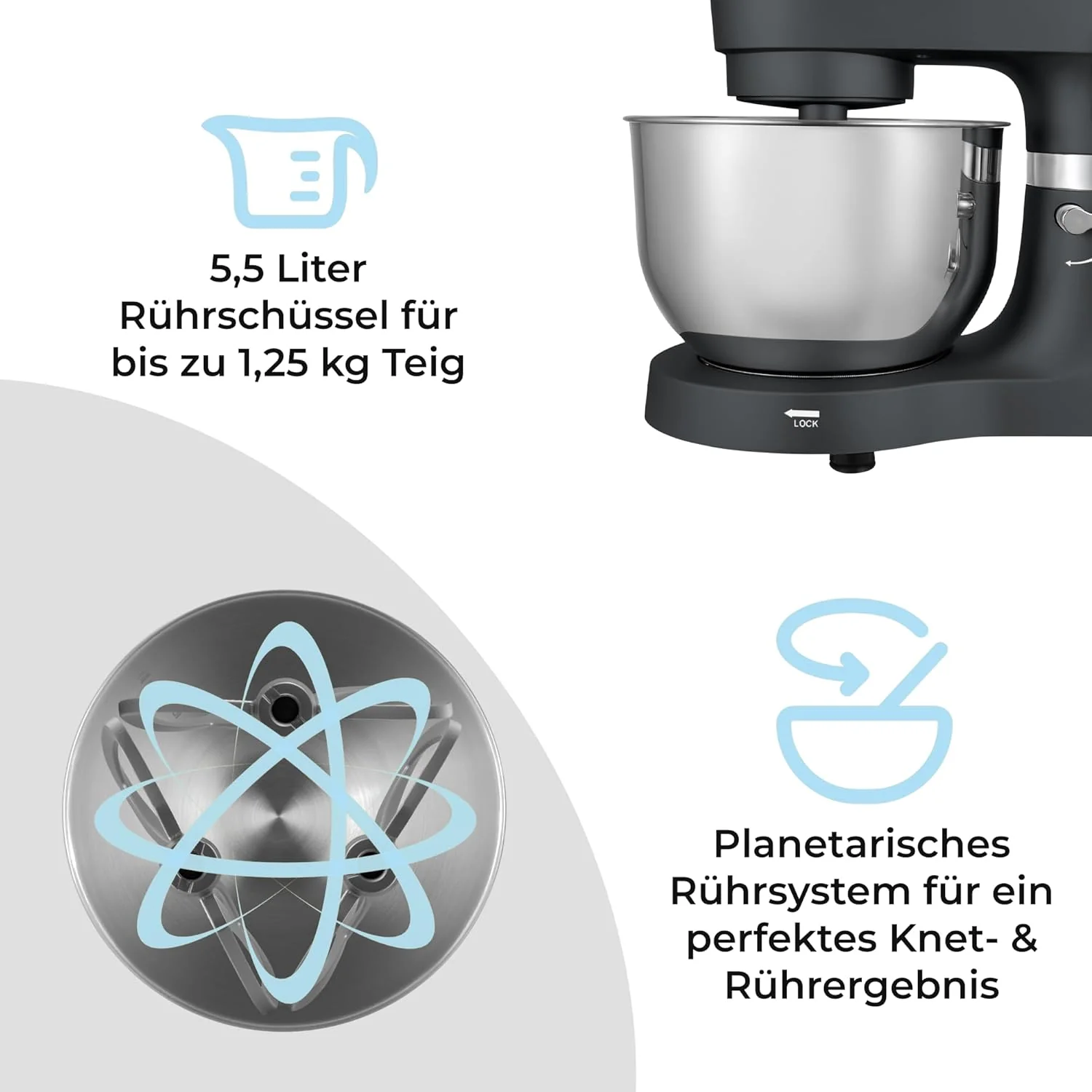 KLAMER Küchenmaschine Classic 1400 W – 5,5 L Rührschüssel, 3 Aufsätze - Image 36