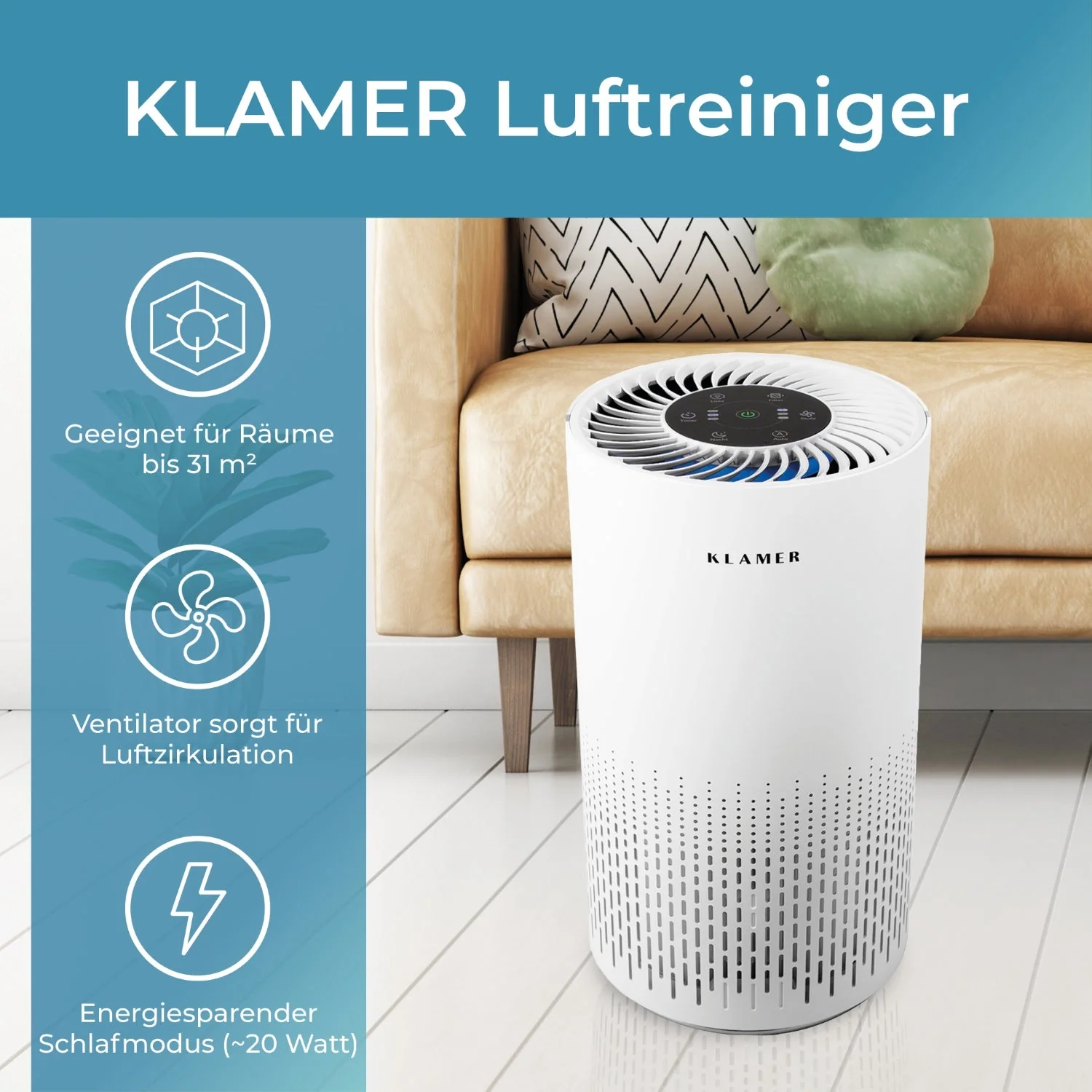 KLAMER Luftreiniger 300i HEPA Filter, 220m³/h CADR, für Räume bis 50m², Automatik - Image 2