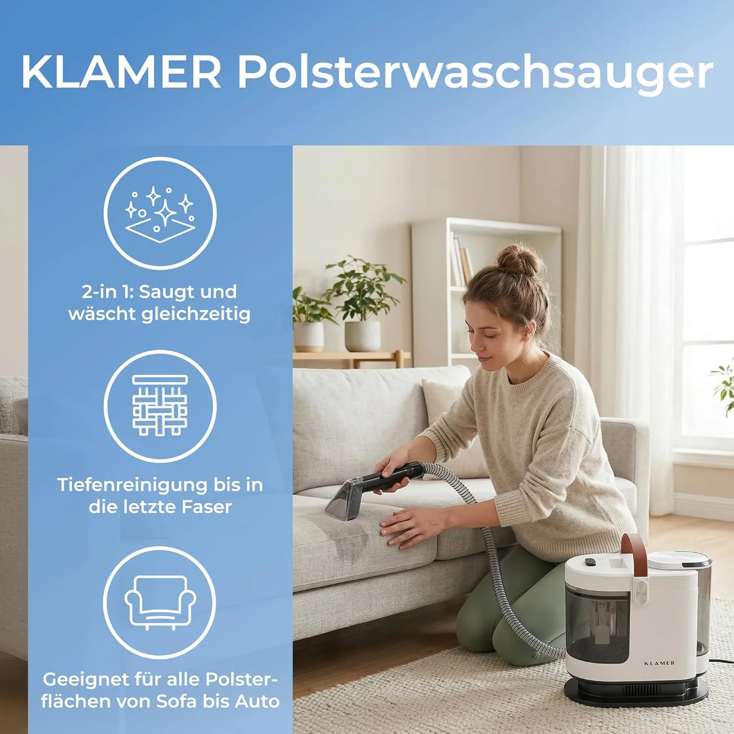 KLAMER Polsterreiniger Gerät 500W, Waschsauger Nasssauger, 2-Tank-System - Image 3