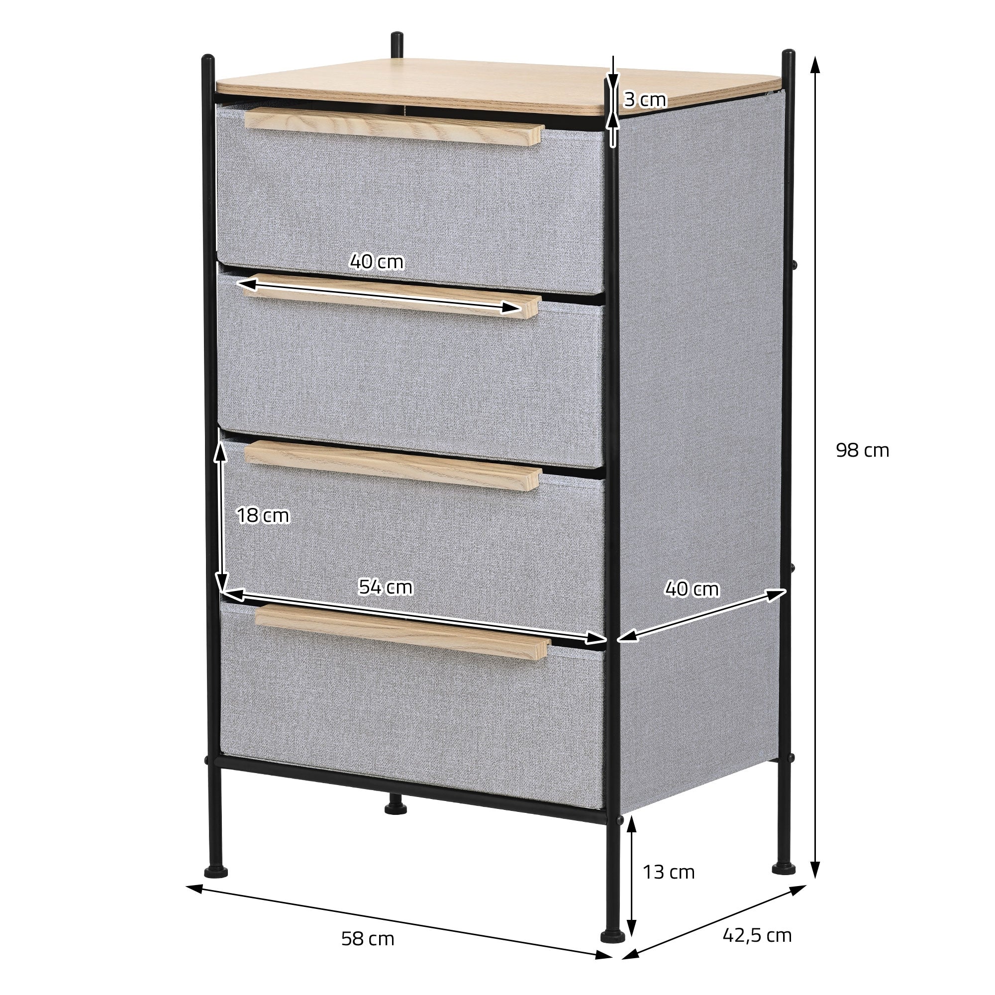 Kommode mit Schubladen aus Stoff, 58x98x42,5 cm, Grau, mit MDF-Platte und Stahlrahmen - Image 10