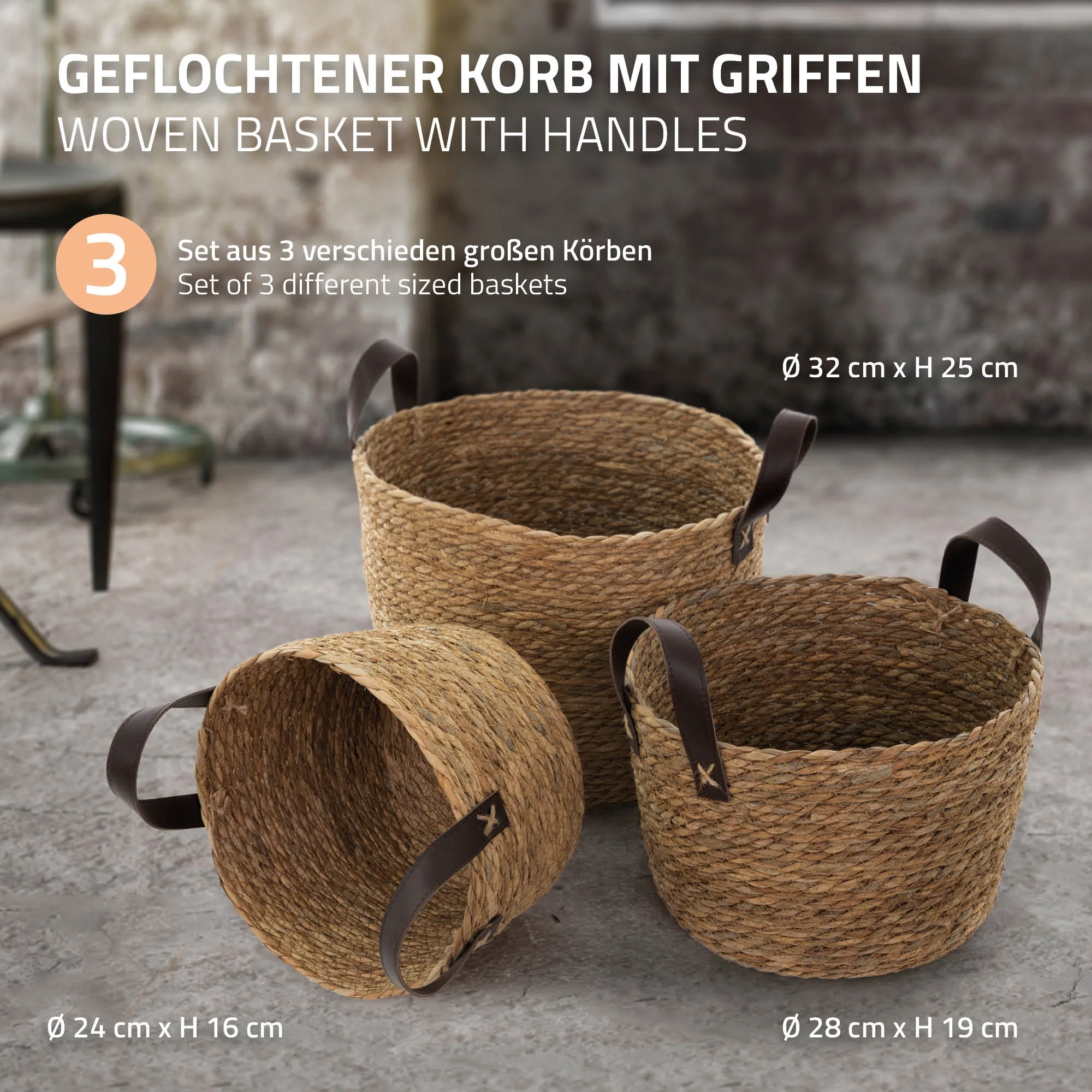 Korb 3er Set mit Griffen Braun - Image 2