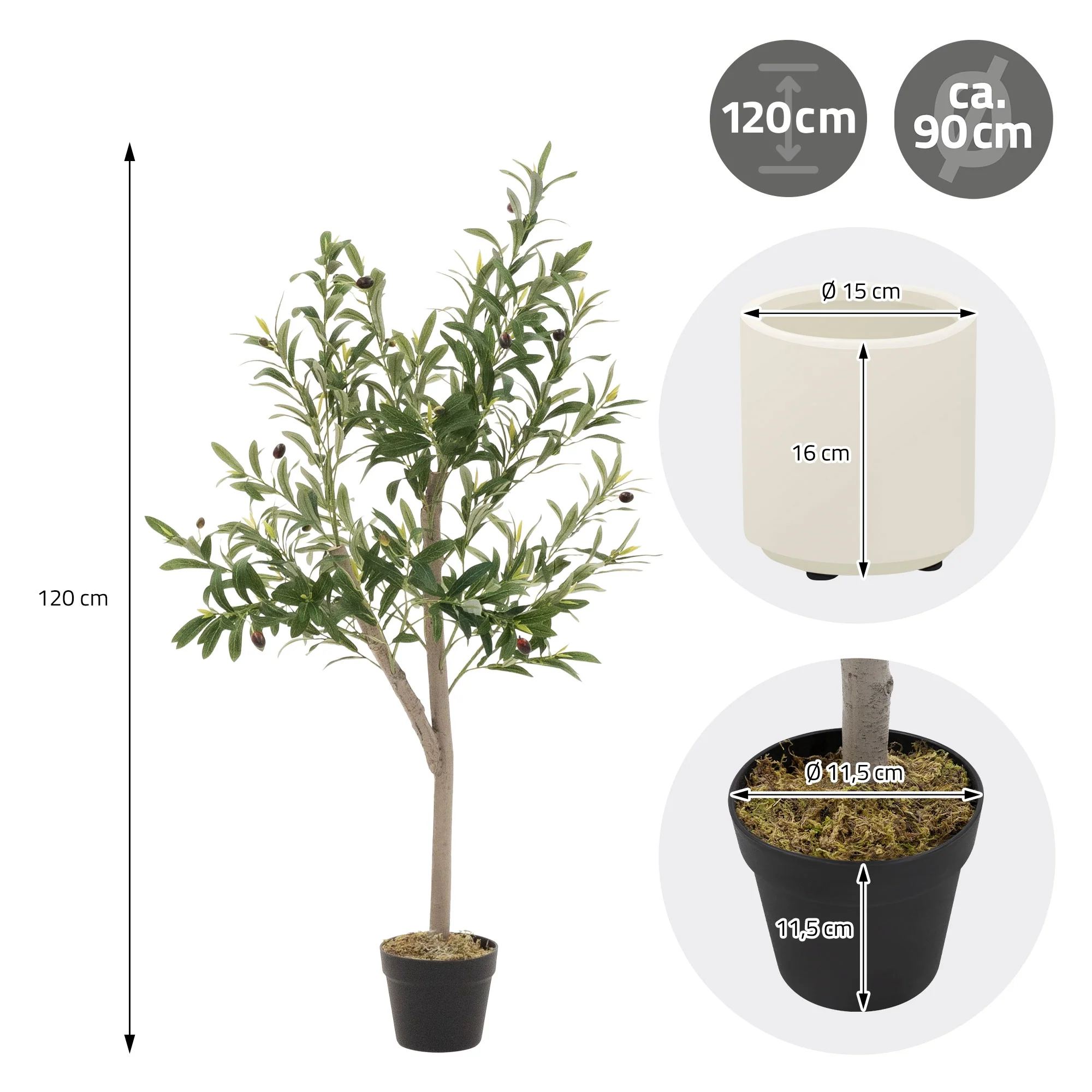 Künstlicher Olivenbaum 120 cm, Künstliche Pflanzen groß mit Naturholzstamm und Früchten - Image 11