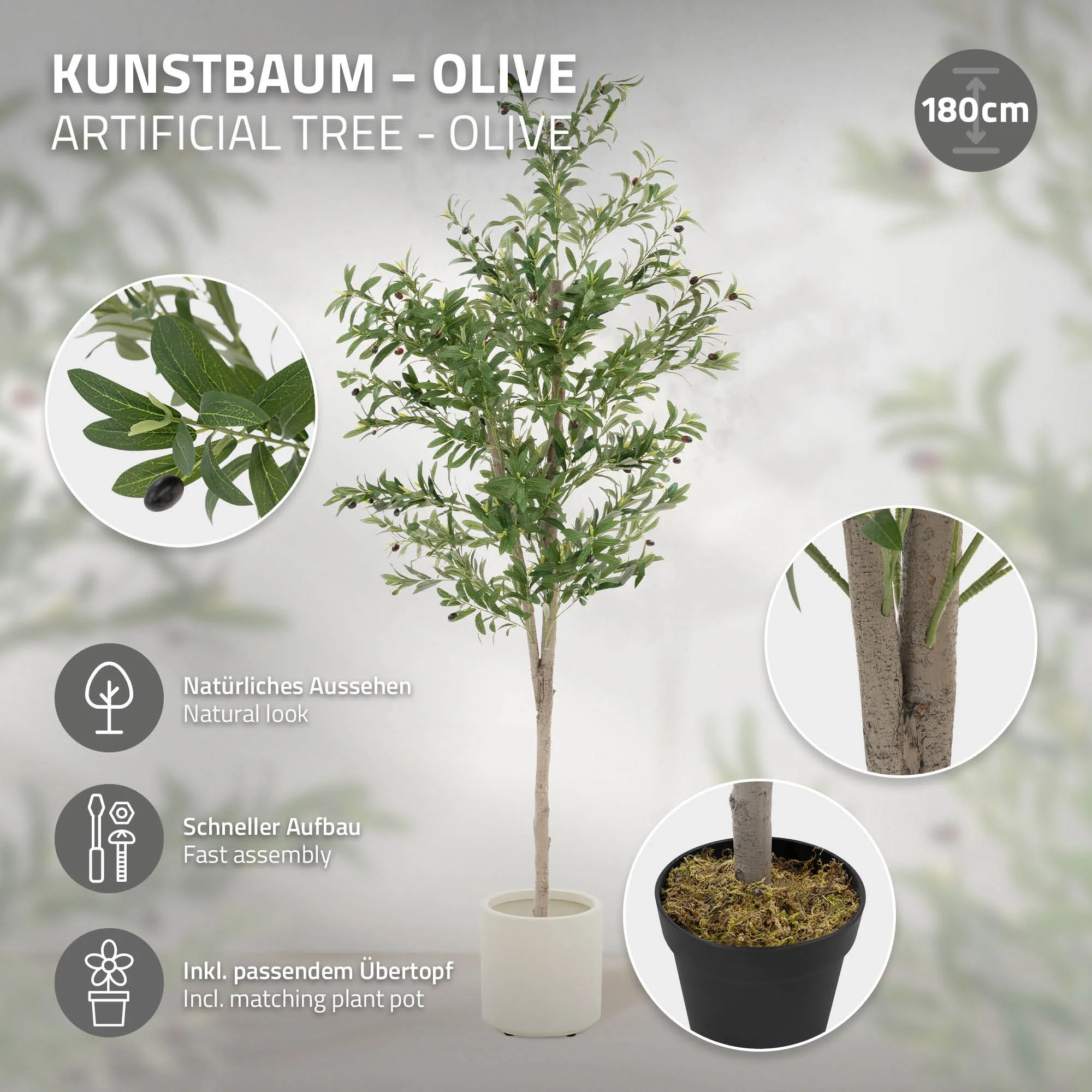 Künstlicher Olivenbaum 120 cm, Künstliche Pflanzen groß mit Naturholzstamm und Früchten - Image 15