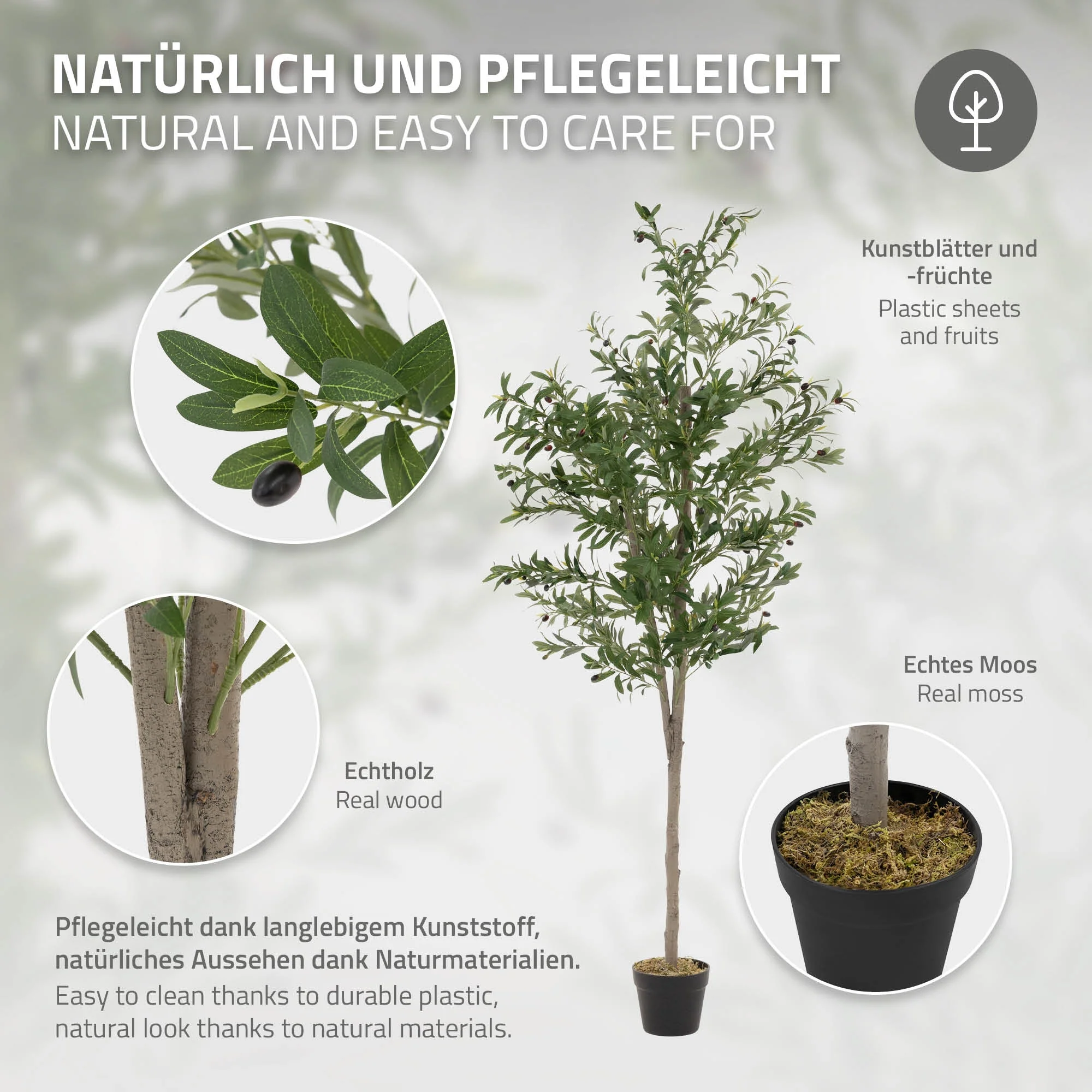 Künstlicher Olivenbaum 120 cm, Künstliche Pflanzen groß mit Naturholzstamm und Früchten - Image 16