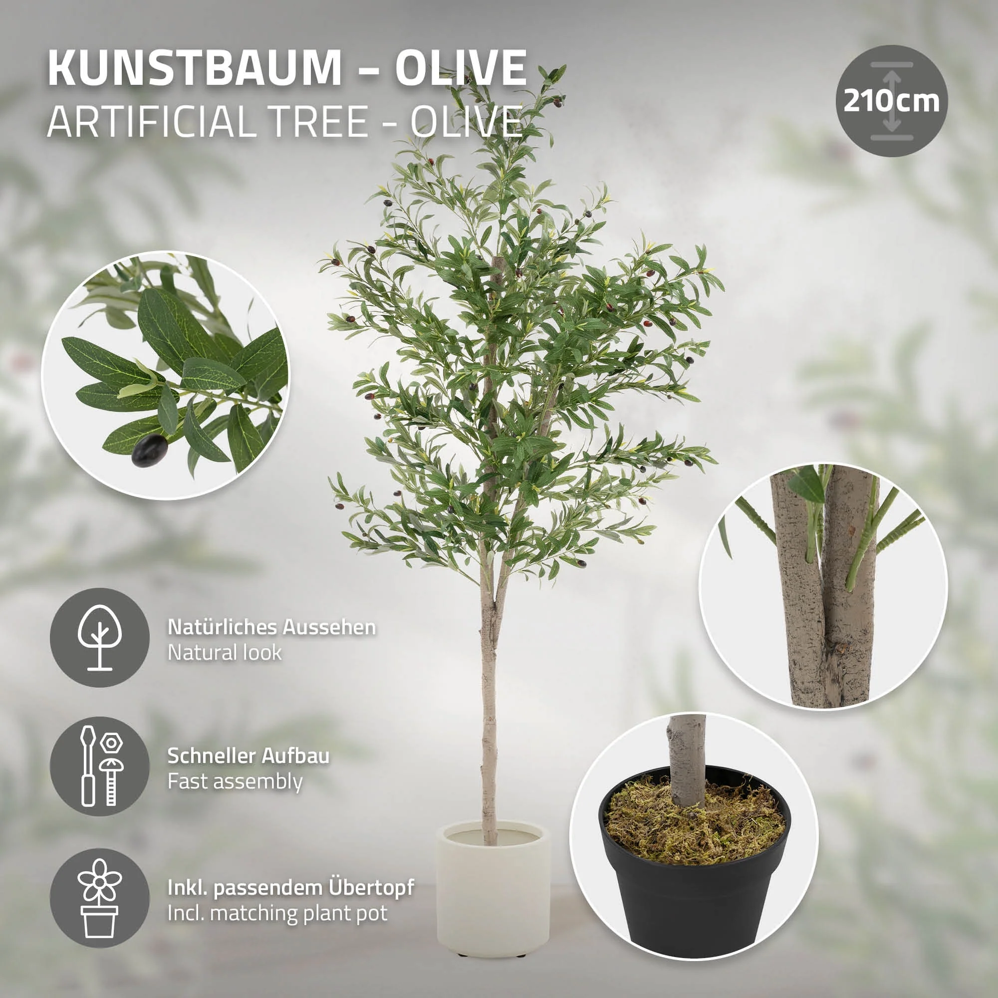 Künstlicher Olivenbaum 120 cm, Künstliche Pflanzen groß mit Naturholzstamm und Früchten - Image 23