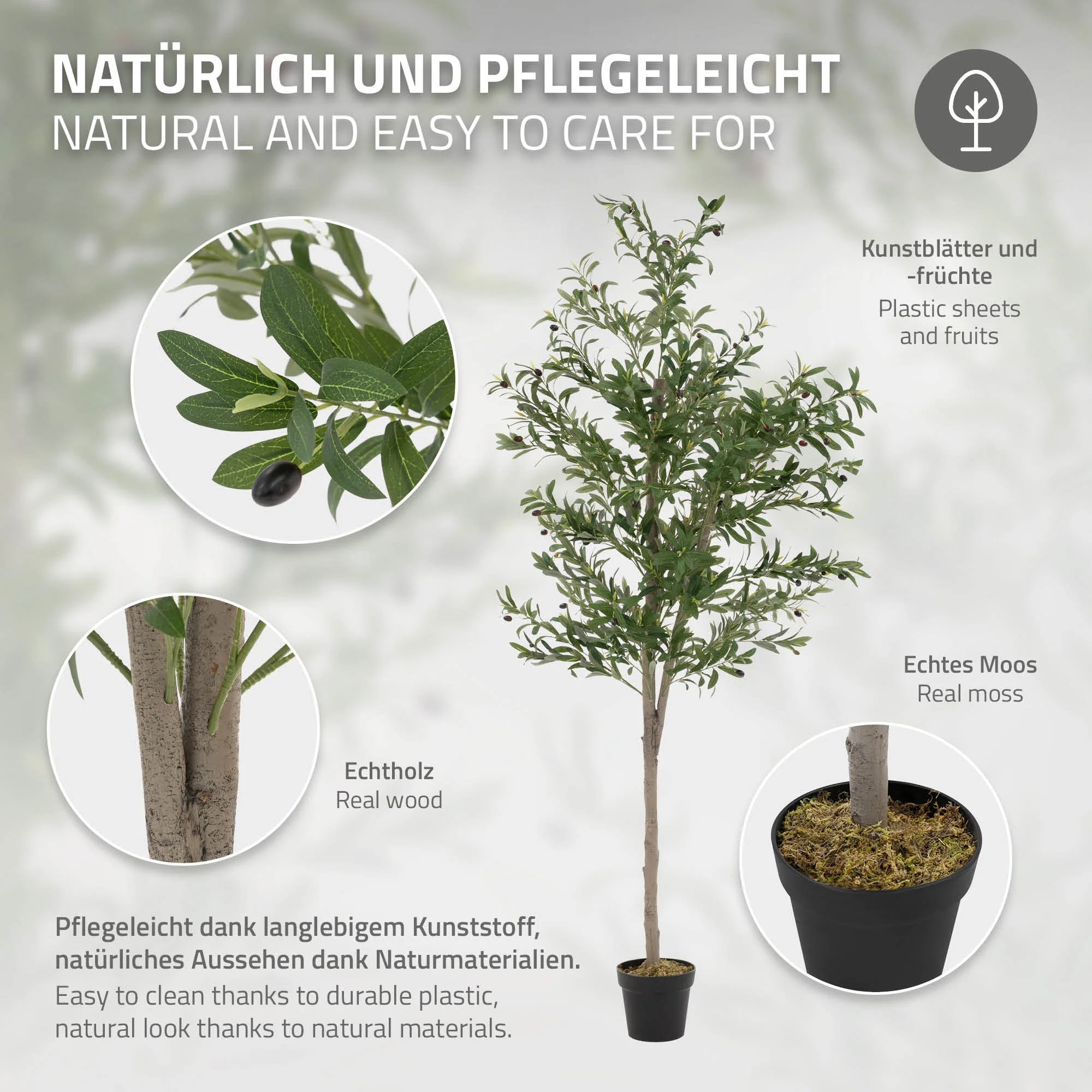 Künstlicher Olivenbaum 120 cm, Künstliche Pflanzen groß mit Naturholzstamm und Früchten - Image 24