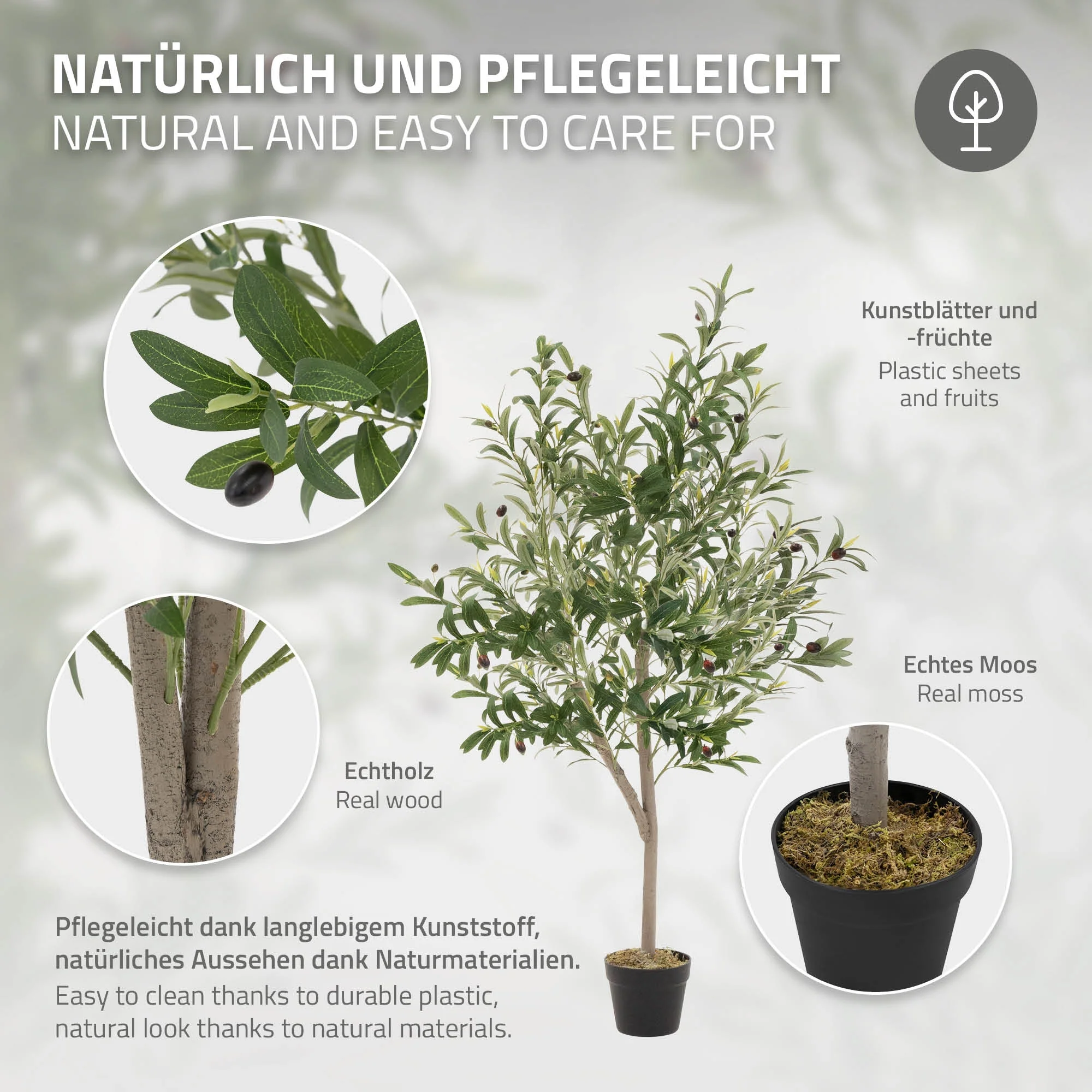 Künstlicher Olivenbaum 120 cm, Künstliche Pflanzen groß mit Naturholzstamm und Früchten - Image 32