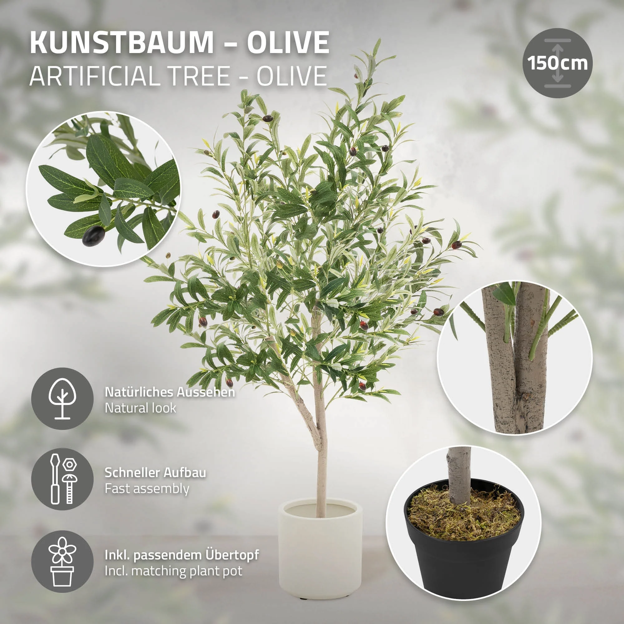 Künstlicher Olivenbaum 120 cm, Künstliche Pflanzen groß mit Naturholzstamm und Früchten - Image 34