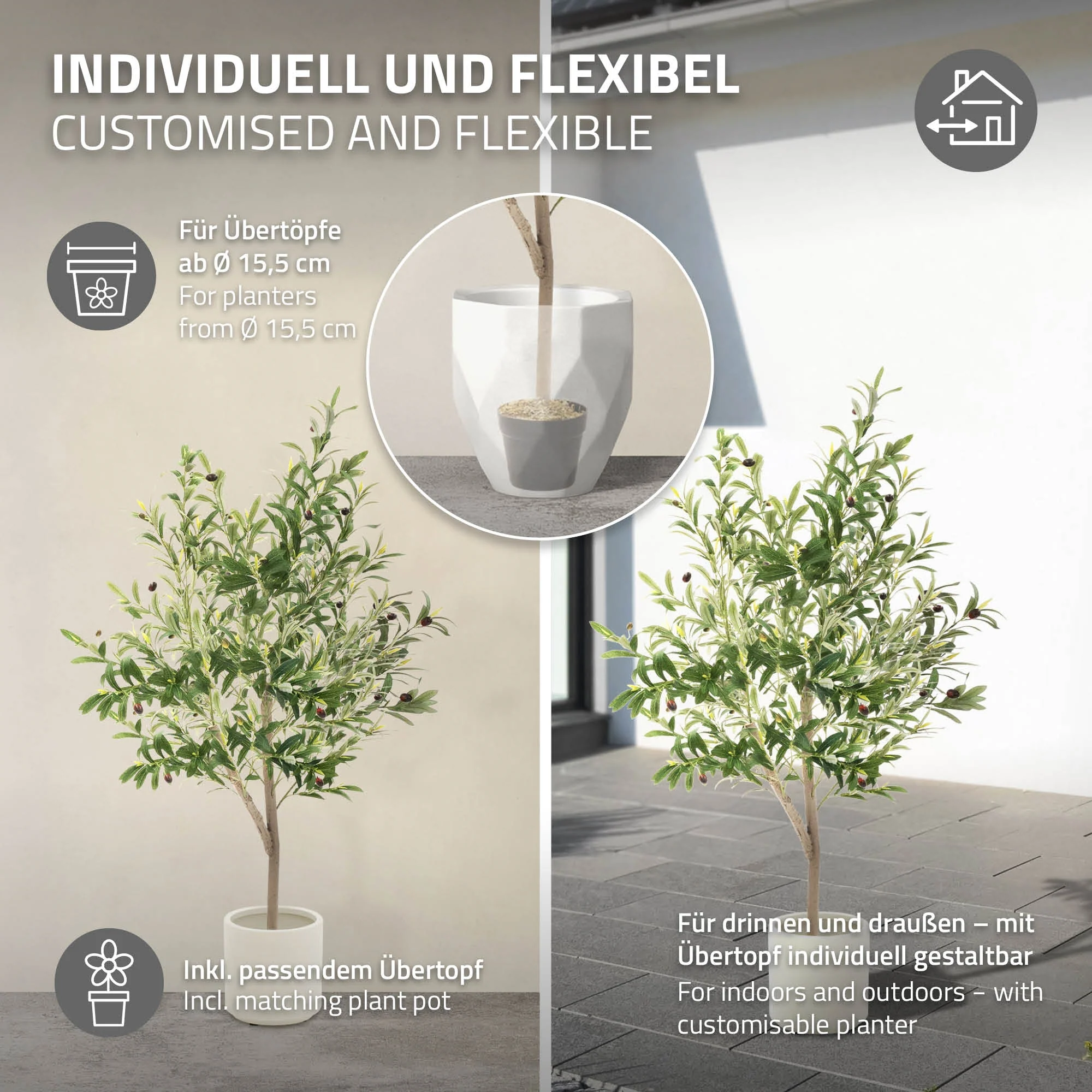 Künstlicher Olivenbaum 120 cm, Künstliche Pflanzen groß mit Naturholzstamm und Früchten - Image 36