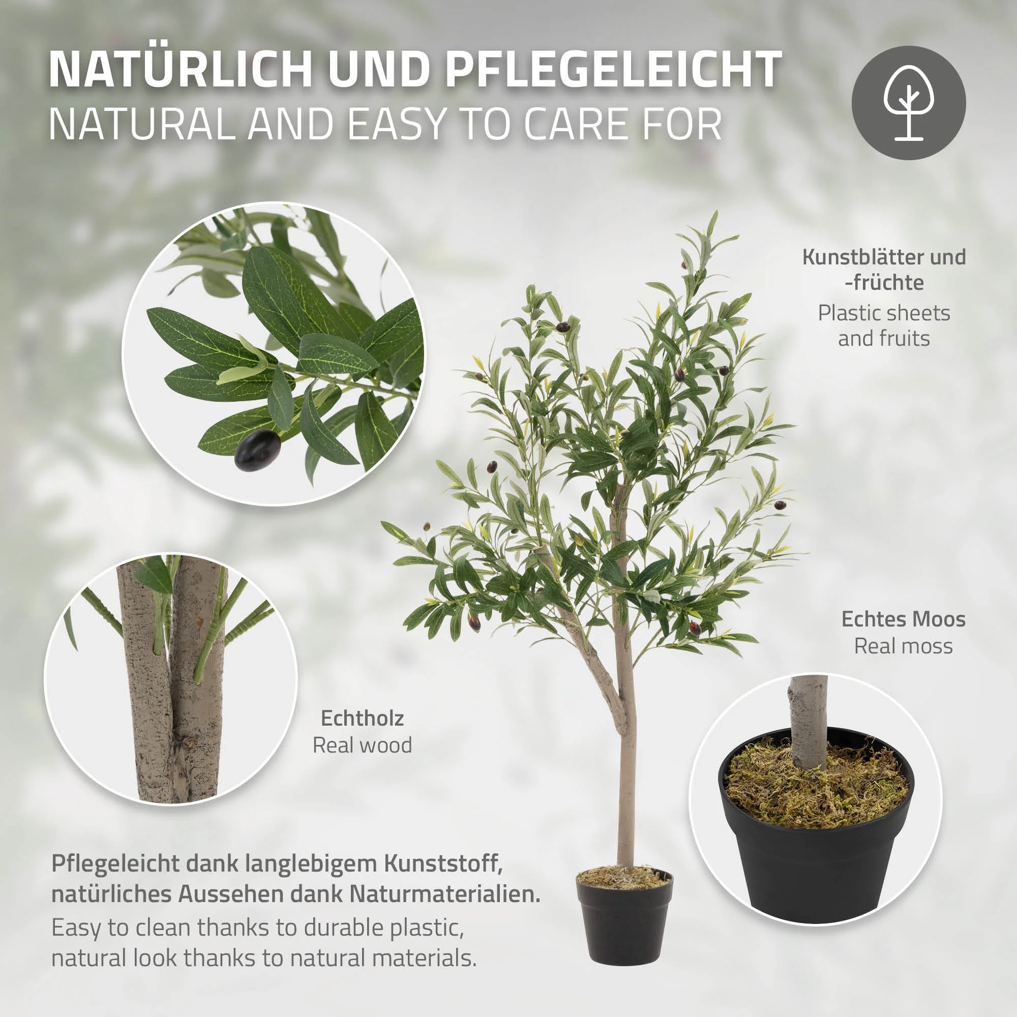Künstlicher Olivenbaum 120 cm, Künstliche Pflanzen groß mit Naturholzstamm und Früchten - Image 8