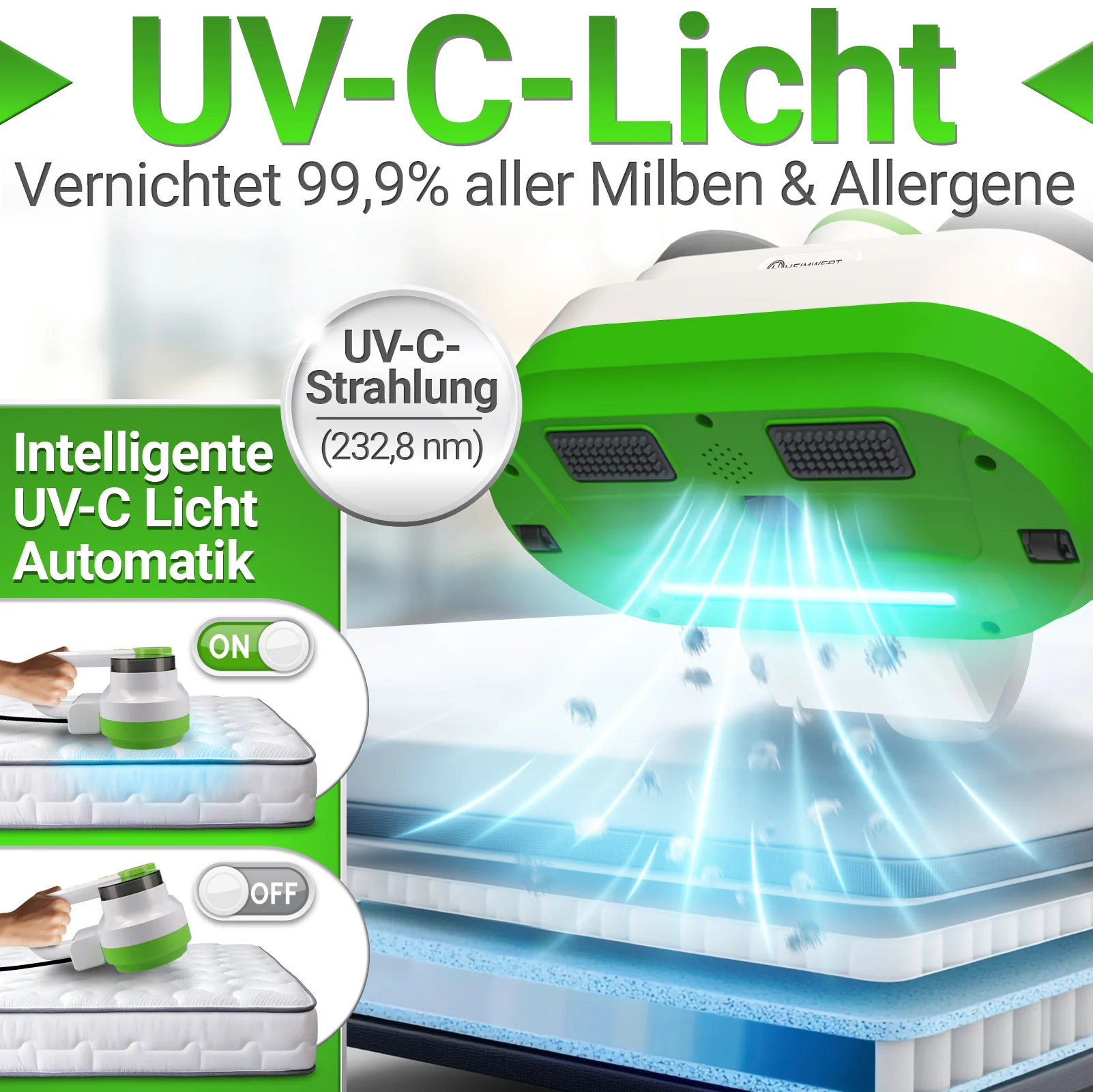 Milbensauger Matratzenreiniger Milben UV-C Licht & Tiefenvibration 400W fasertiefe Reinigung - Image 5