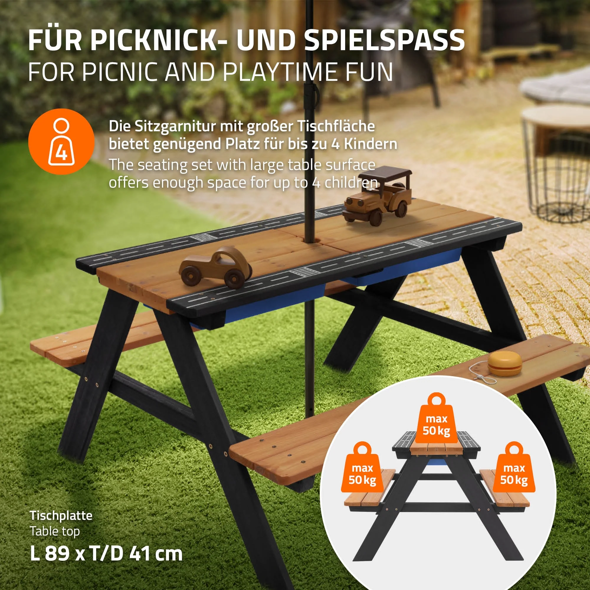 ML-Design Kindersitzgruppe Naturbraun, 2 Wannen & Tisch mit Arbeitsplatte, Massivholz - Image 4