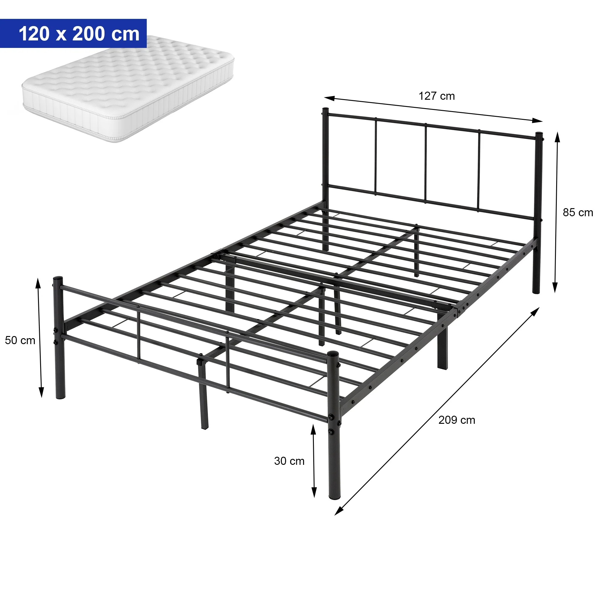 ML-Design Metallbett schwarz, 120x200 cm, auf Stahlrahmen mit Kopfteil und Lattenrost - Image 5