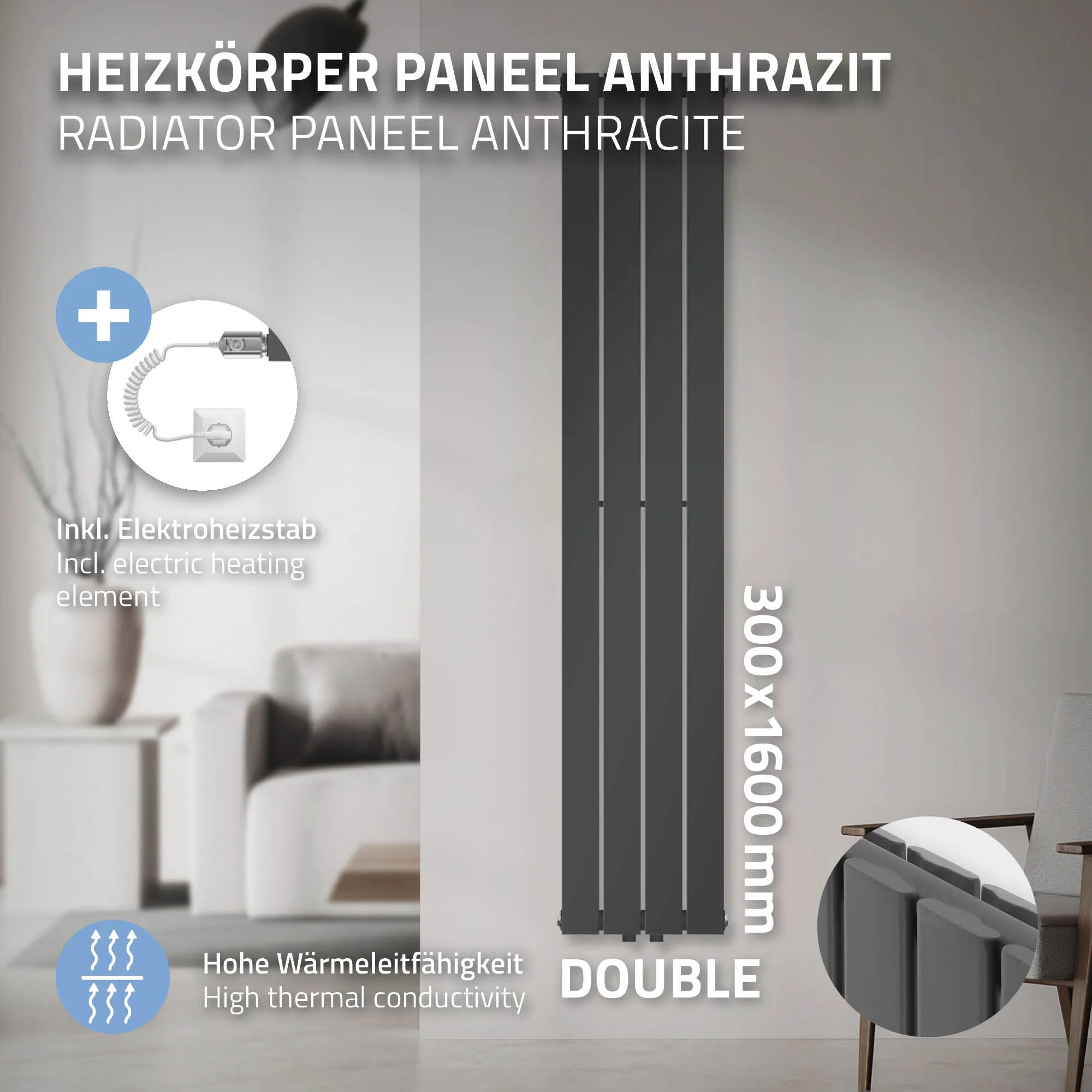 ML-Design Paneelheizkörper Doppellagig 1600x300 mm Anthrazit mit Heizstab 900W - Image 2