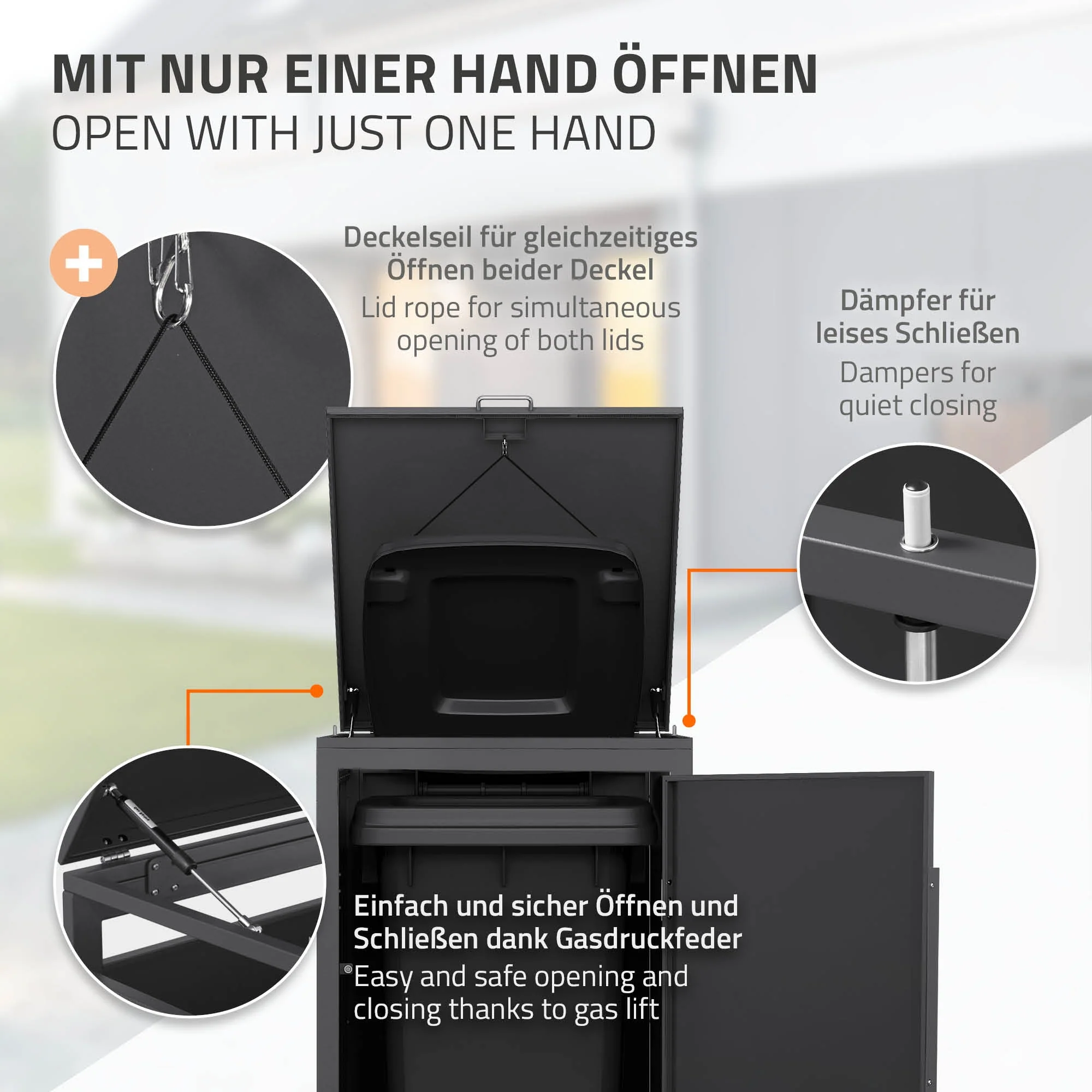 Mülltonnenbox mit Klappdeckel, 240L, Anthrazit-Holzoptik, aus Stahl pulverbeschichtet, wetterfest - Image 6