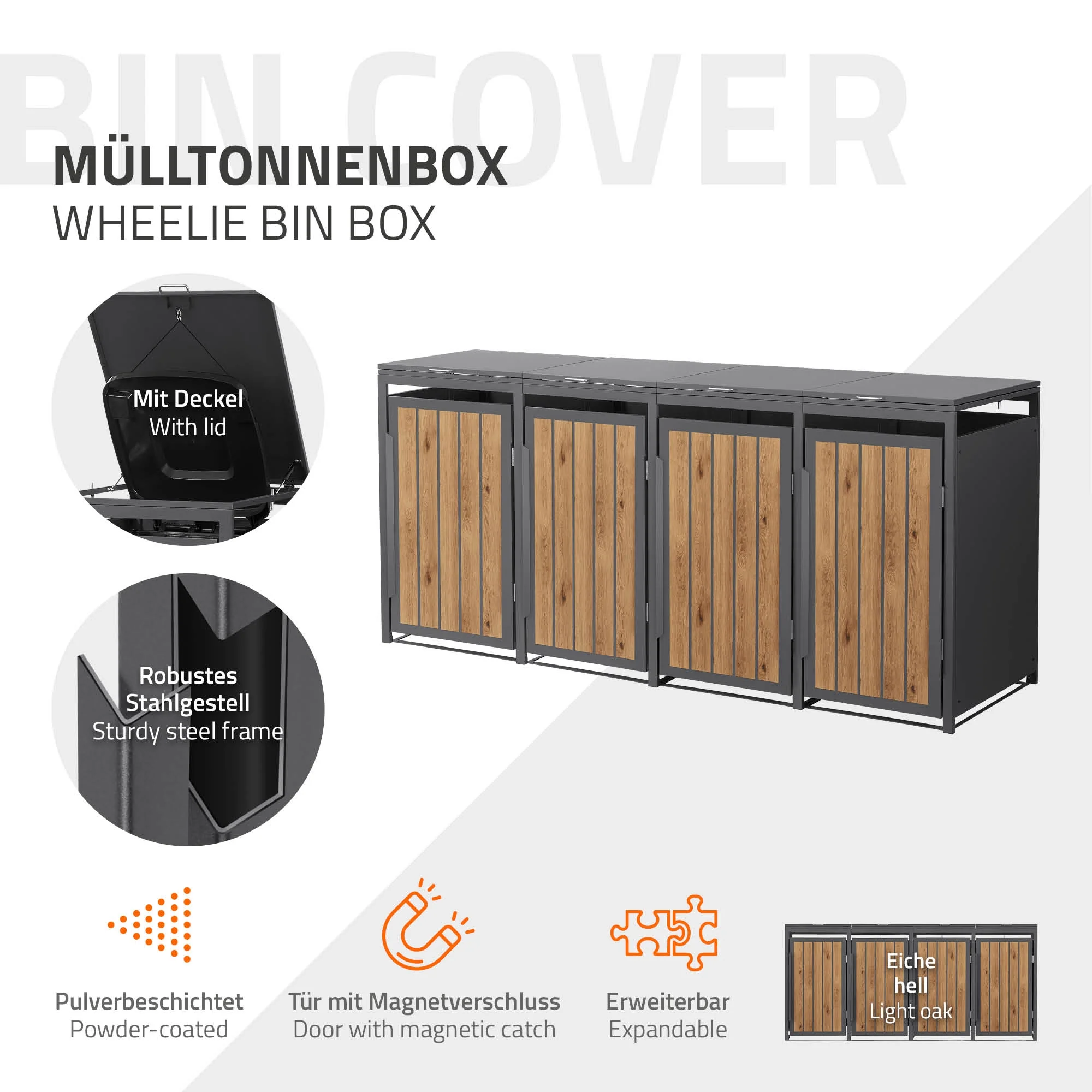 Mülltonnenbox mit Klappdeckel, 240L, Anthrazit-Holzoptik, aus Stahl pulverbeschichtet, wetterfest - Image 29