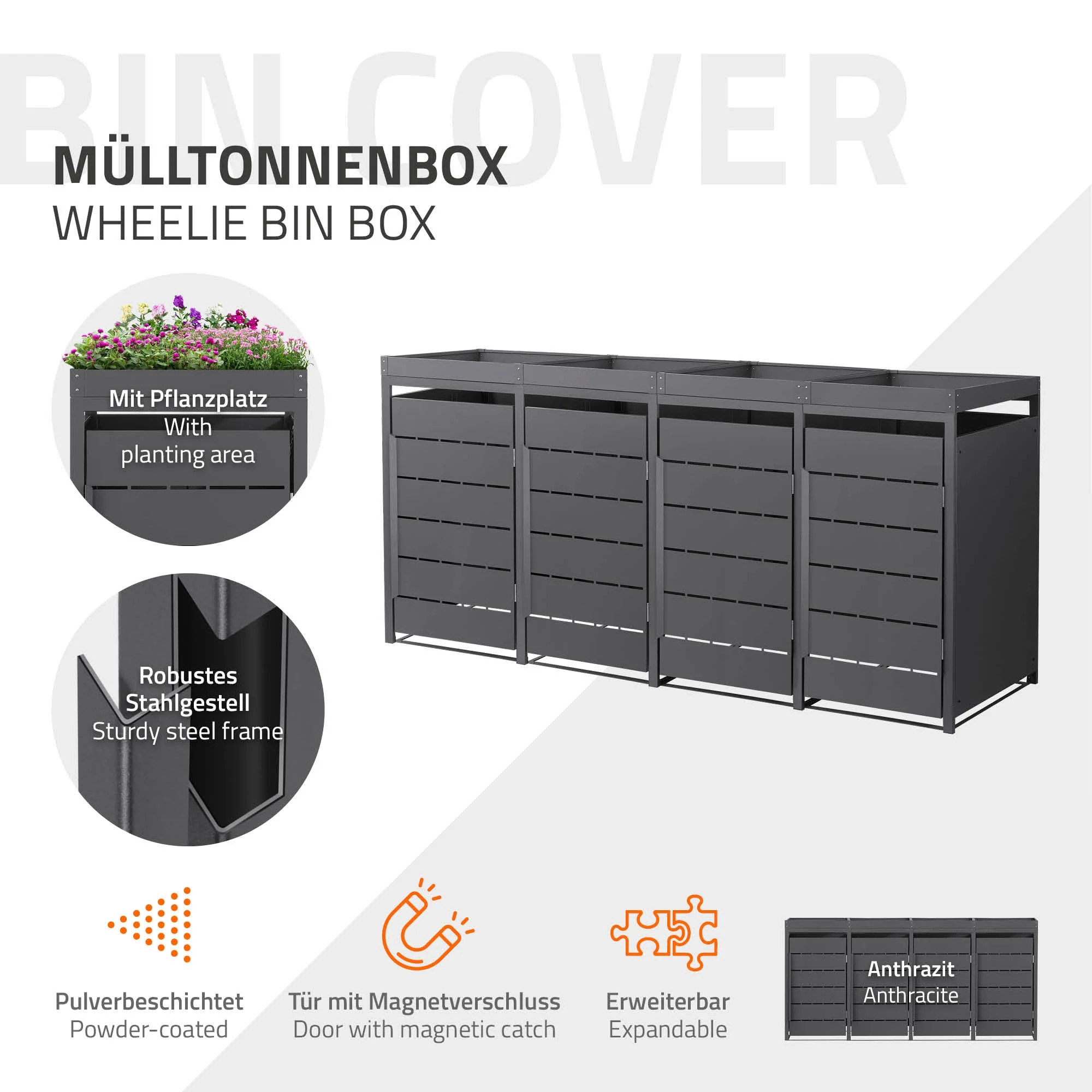 Mülltonnenbox mit Pflanzdach, 240L, Anthrazit, aus Stahl pulverbeschichtet, wetterfest - Image 21