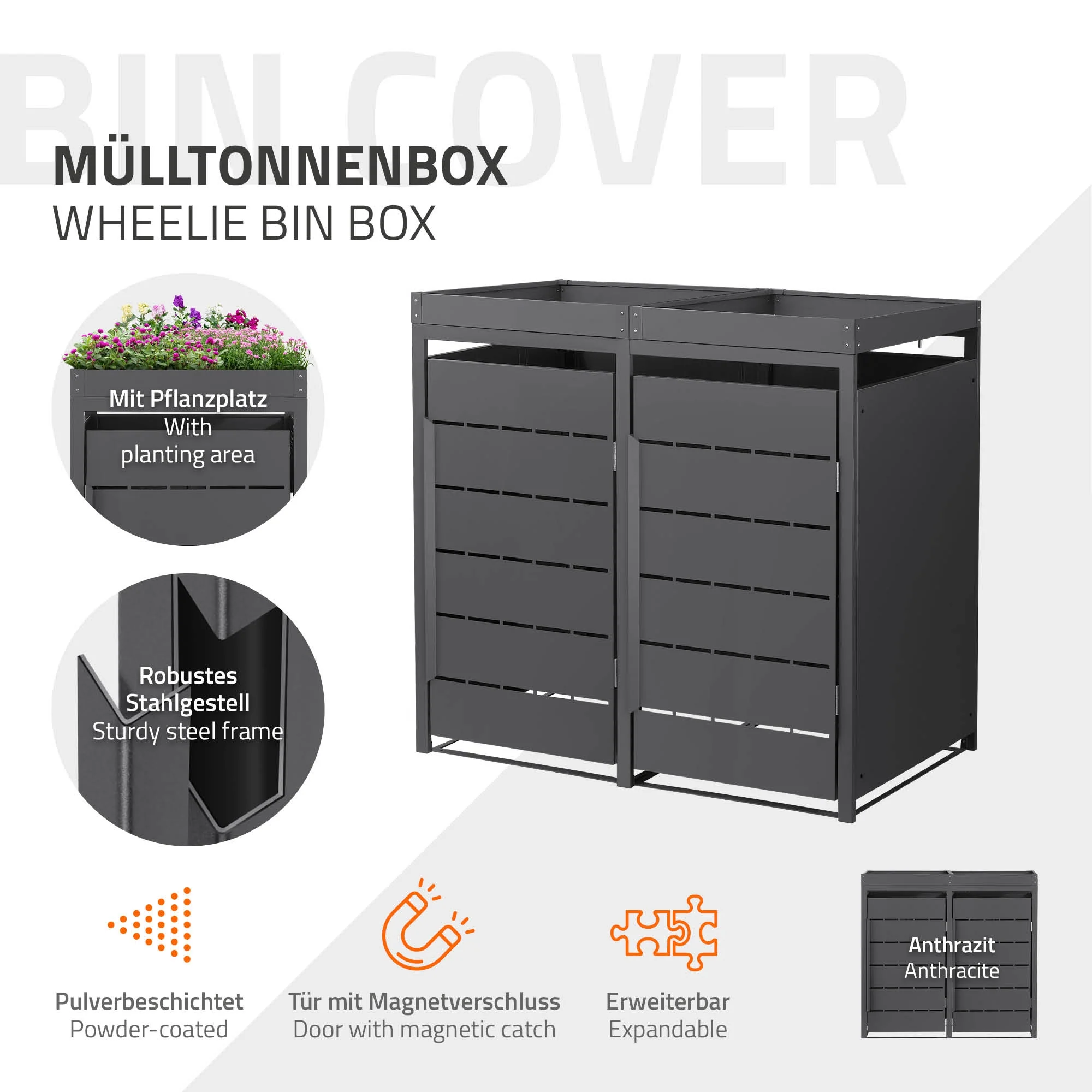 Mülltonnenbox mit Pflanzdach, 240L, Anthrazit, aus Stahl pulverbeschichtet, wetterfest - Image 29