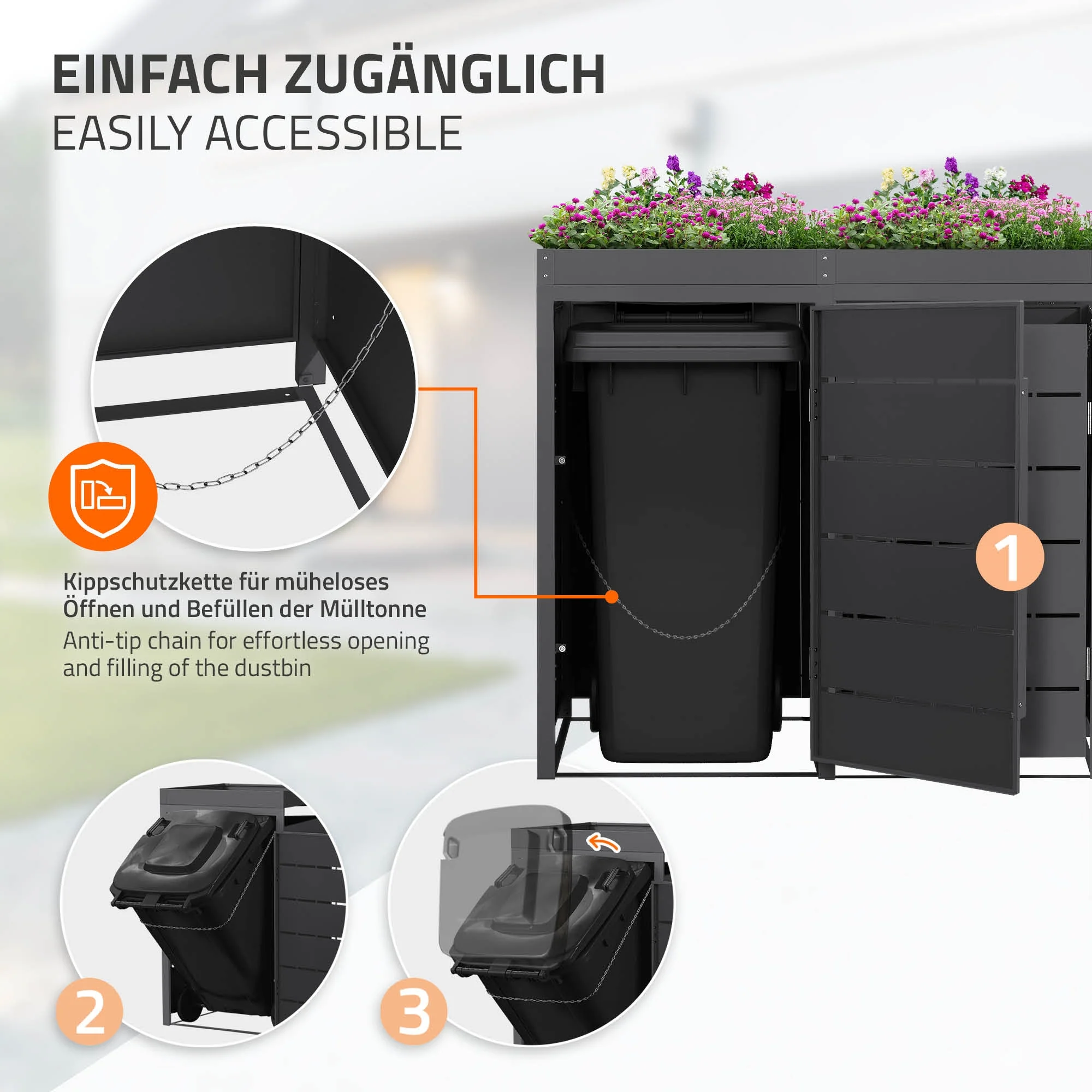 Mülltonnenbox mit Pflanzdach, 240L, Anthrazit, aus Stahl pulverbeschichtet, wetterfest - Image 6