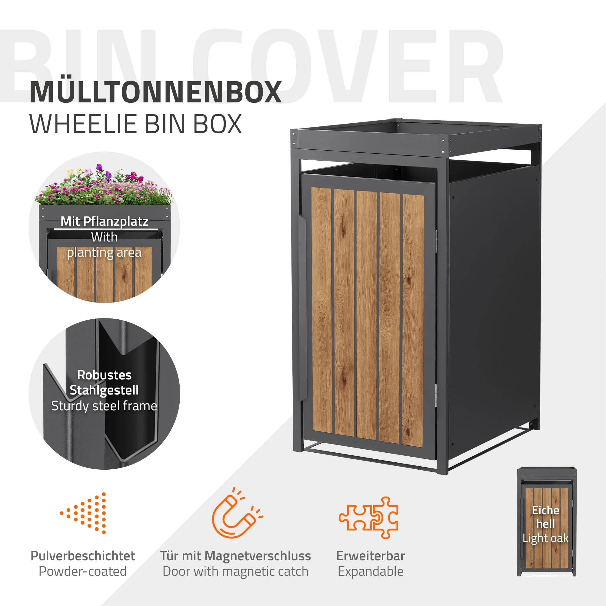 Mülltonnenbox mit Pflanzdach, 240L, Anthrazit-Holzoptik, aus Stahl pulverbeschichtet, wetterfest - Image 13