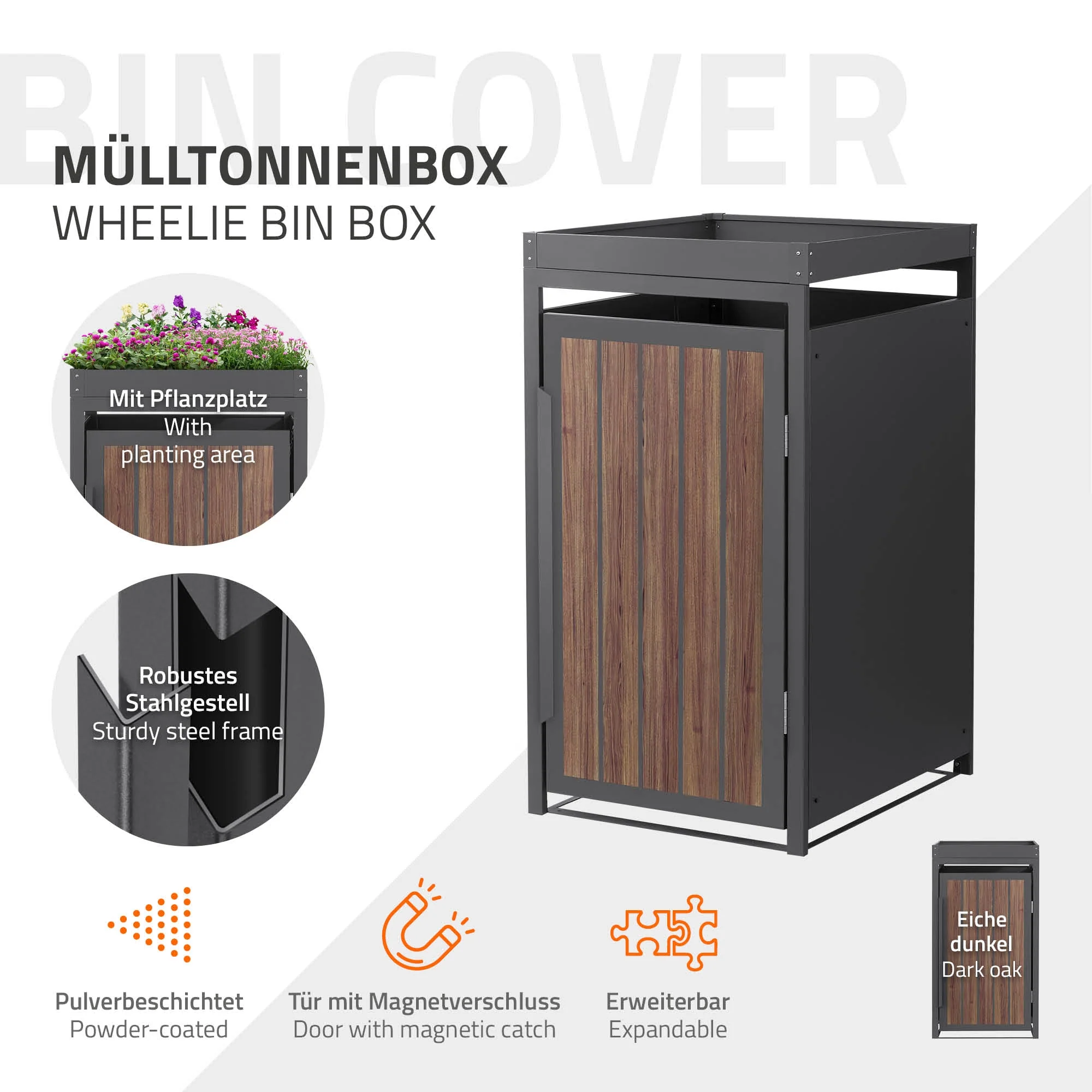Mülltonnenbox mit Pflanzdach, 240L, Anthrazit-Holzoptik, aus Stahl pulverbeschichtet, wetterfest - Image 13