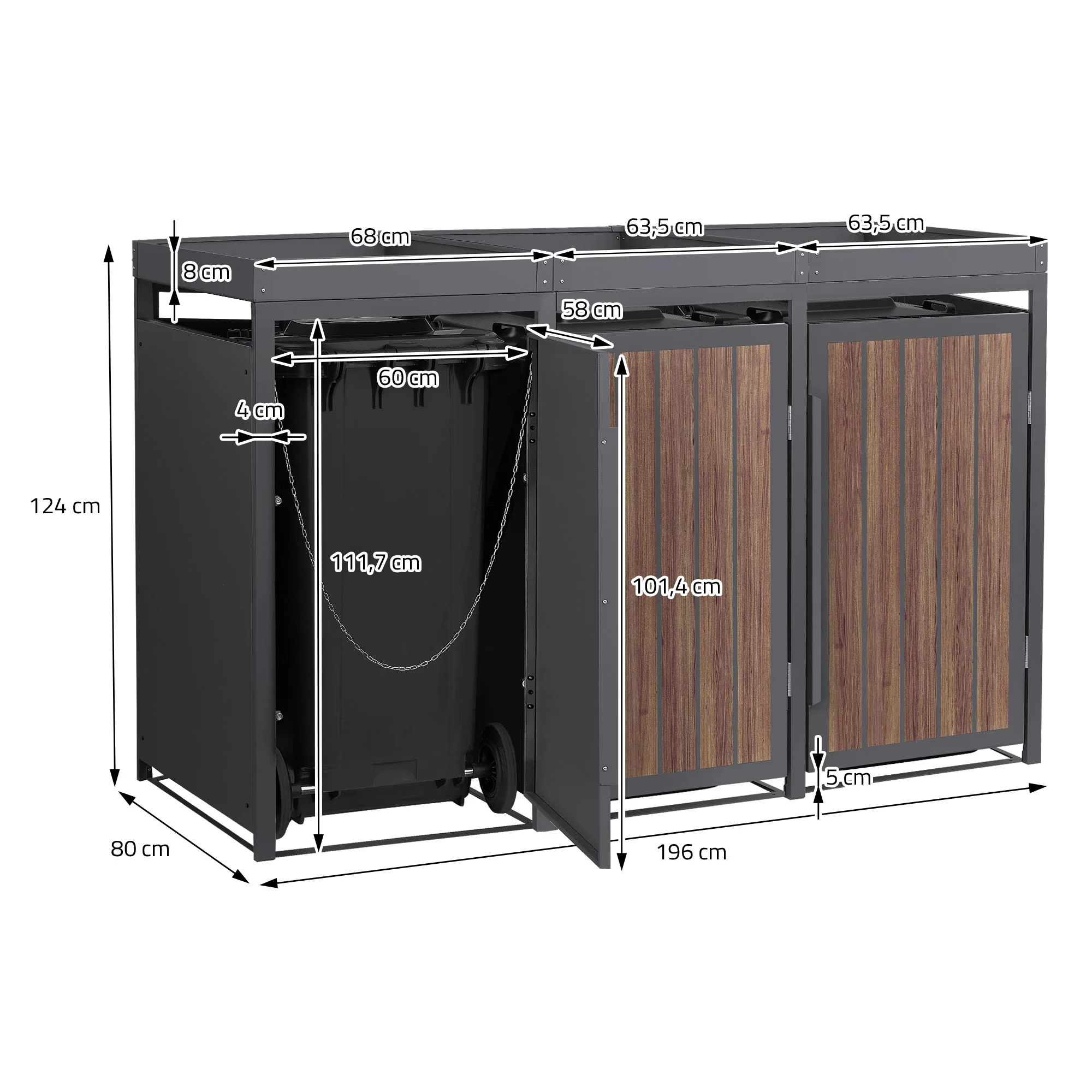 Mülltonnenbox mit Pflanzdach, 240L, Anthrazit-Holzoptik, aus Stahl pulverbeschichtet, wetterfest - Image 25