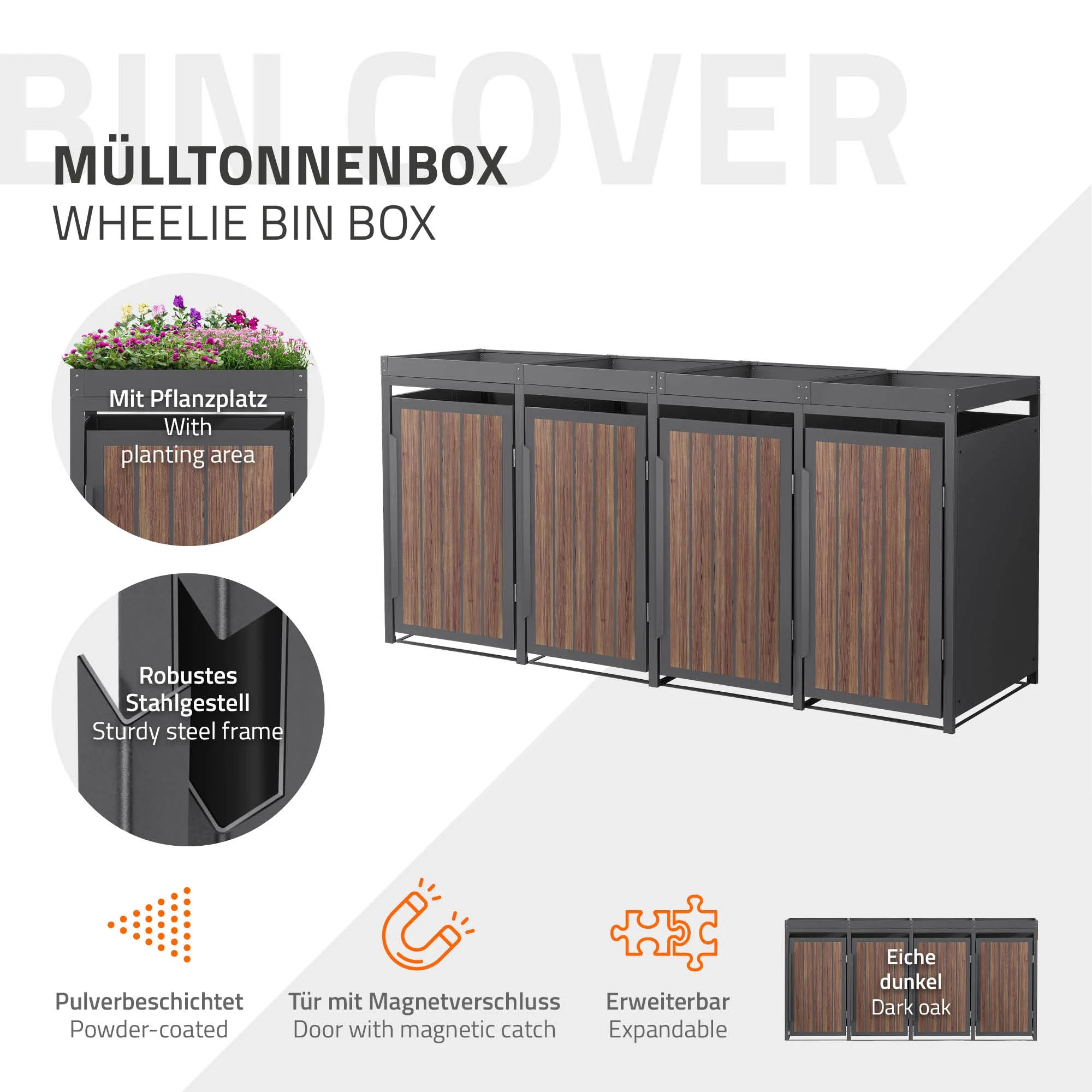 Mülltonnenbox mit Pflanzdach, 240L, Anthrazit-Holzoptik, aus Stahl pulverbeschichtet, wetterfest - Image 5