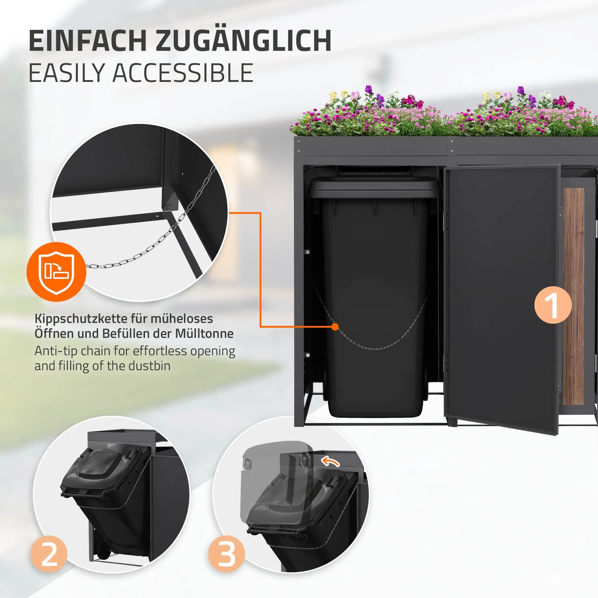 Mülltonnenbox mit Pflanzdach, 240L, Anthrazit-Holzoptik, aus Stahl pulverbeschichtet, wetterfest - Image 6