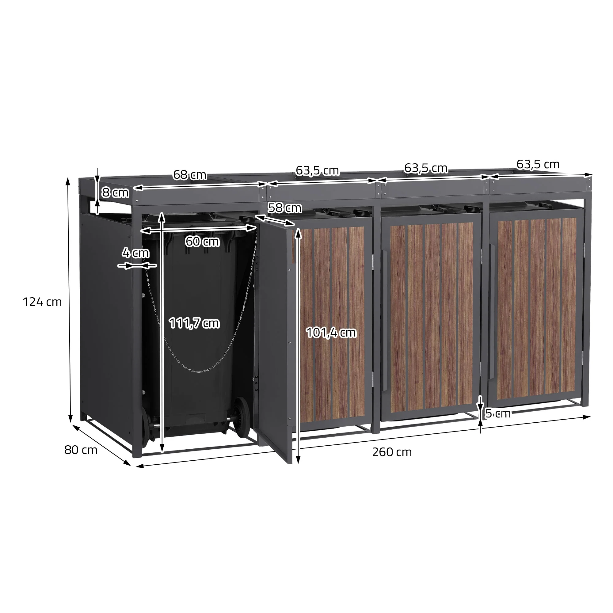 Mülltonnenbox mit Pflanzdach, 240L, Anthrazit-Holzoptik, aus Stahl pulverbeschichtet, wetterfest - Image 9