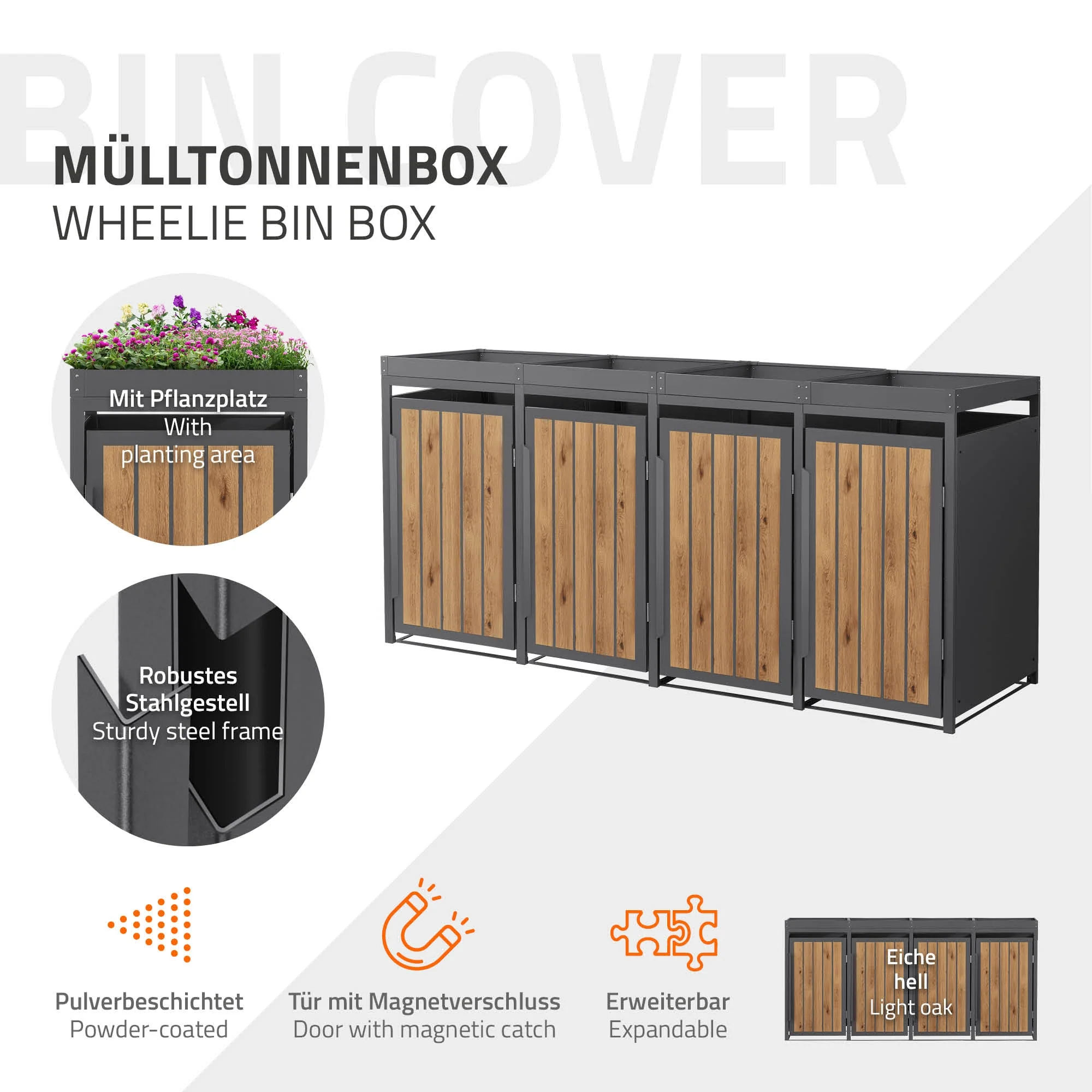 Mülltonnenbox mit Pflanzdach, 240L, Anthrazit-Holzoptik, aus Stahl pulverbeschichtet, wetterfest - Image 21