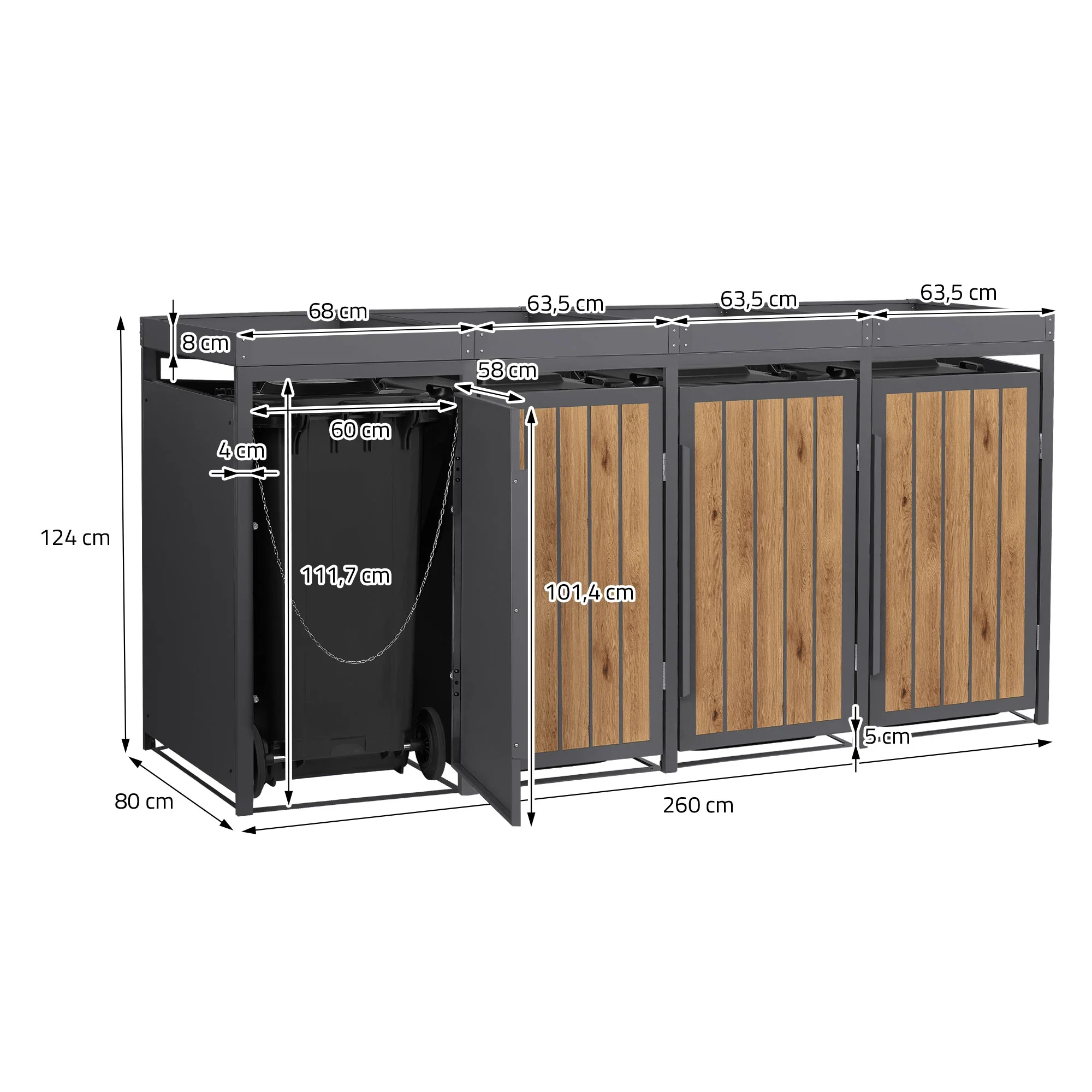 Mülltonnenbox mit Pflanzdach, 240L, Anthrazit-Holzoptik, aus Stahl pulverbeschichtet, wetterfest - Image 25