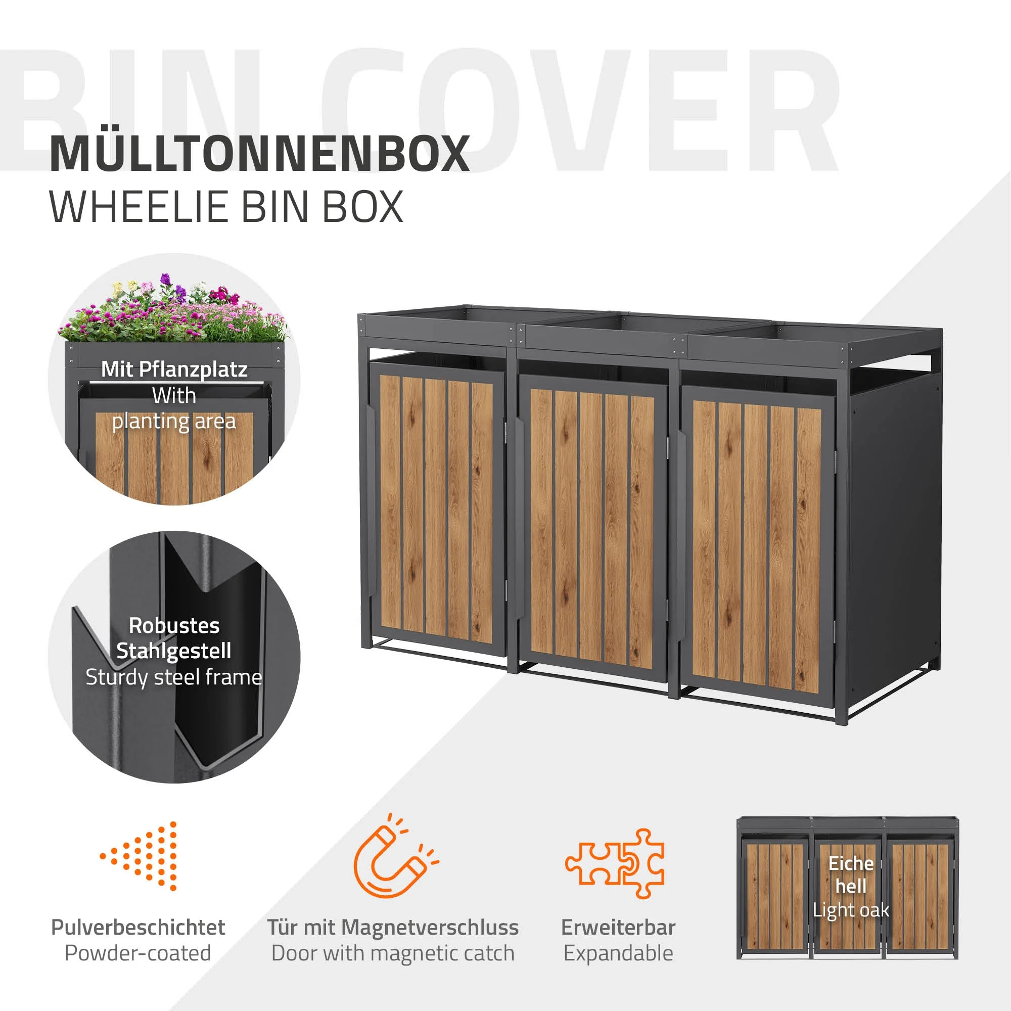 Mülltonnenbox mit Pflanzdach, 240L, Anthrazit-Holzoptik, aus Stahl pulverbeschichtet, wetterfest - Image 29