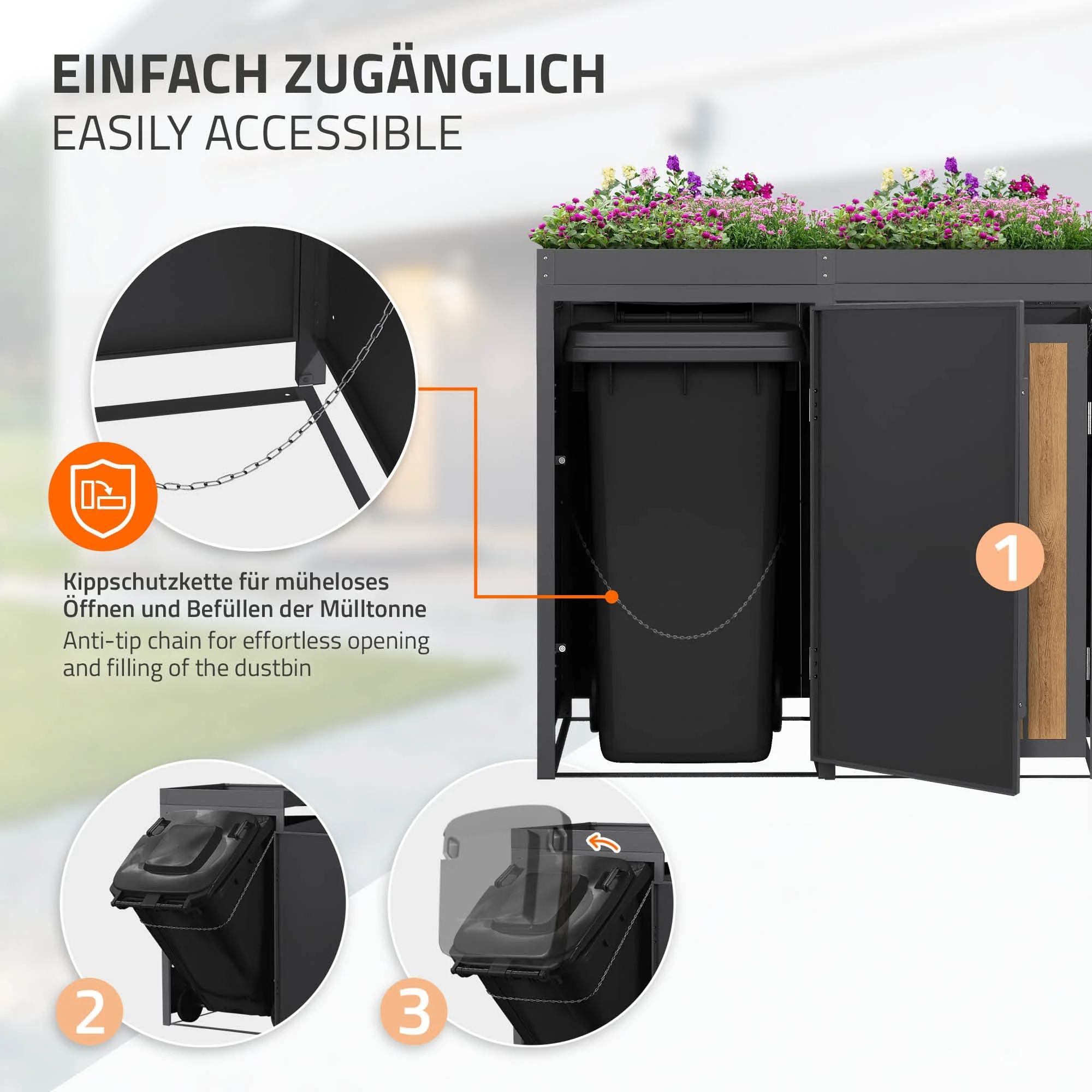 Mülltonnenbox mit Pflanzdach, 240L, Anthrazit-Holzoptik, aus Stahl pulverbeschichtet, wetterfest - Image 30