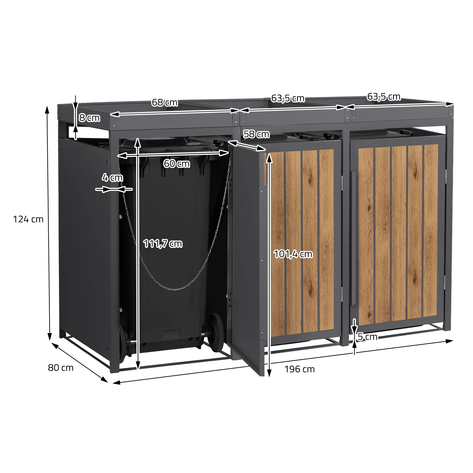 Mülltonnenbox mit Pflanzdach, 240L, Anthrazit-Holzoptik, aus Stahl pulverbeschichtet, wetterfest - Image 32